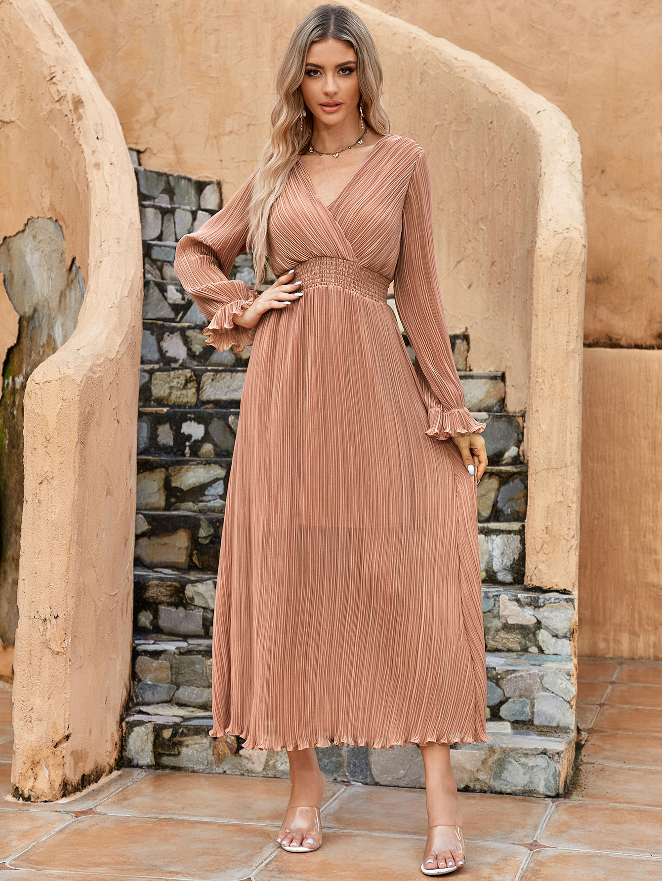 Women’s Elegant Pleated V-Neck Long Sleeve Maxi Dress D-36020