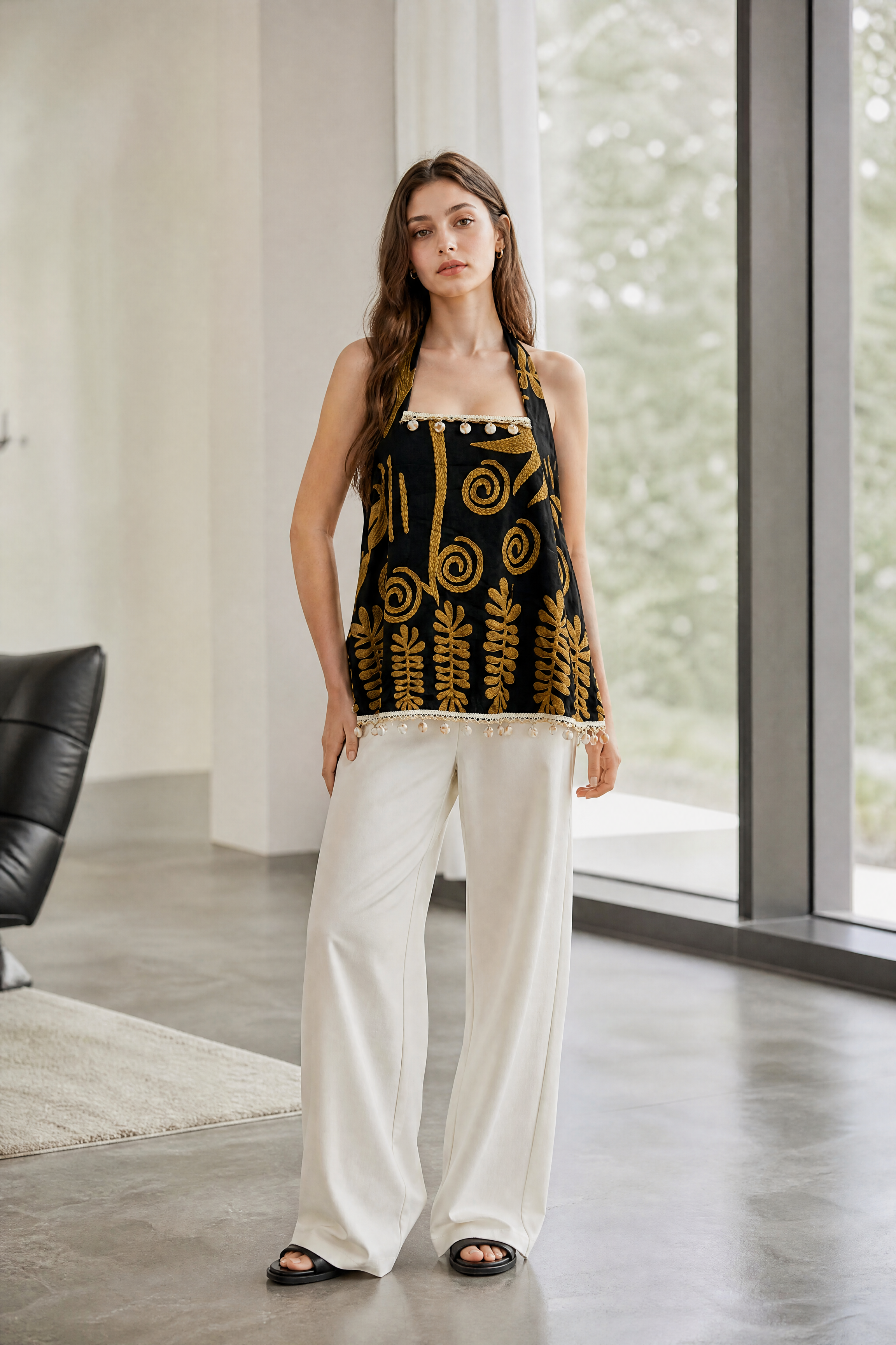 Women’s Boho Embroidered Halter Cami Top with Pom Pom Trim 28023-1