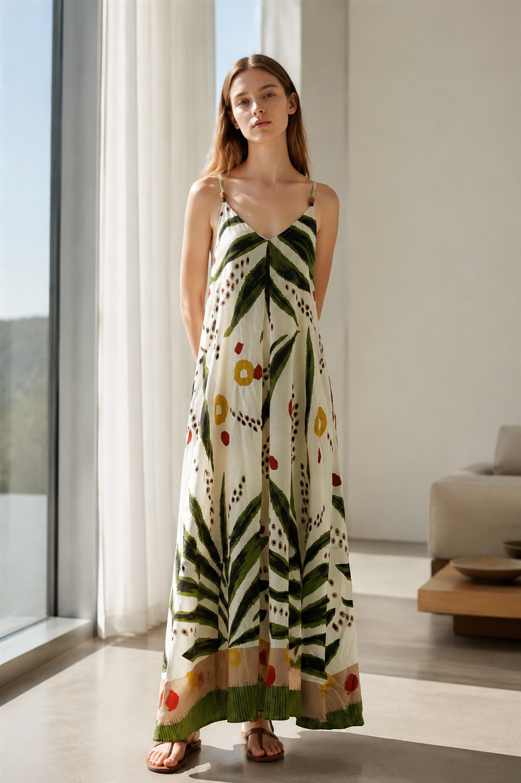 Women’s Tropical Leaf Print Halter Maxi Dress with Pom Pom Trim 2882-2