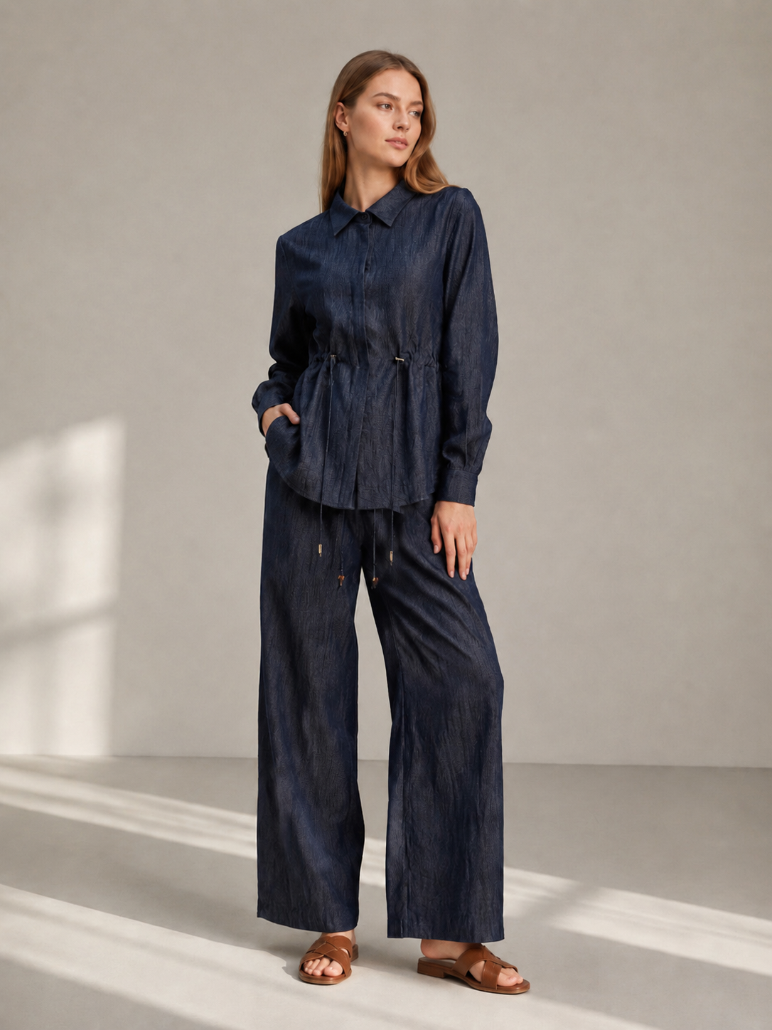 Women’s Denim Look Drawstring Wide Leg Co-ord Set A-43238+A-43237