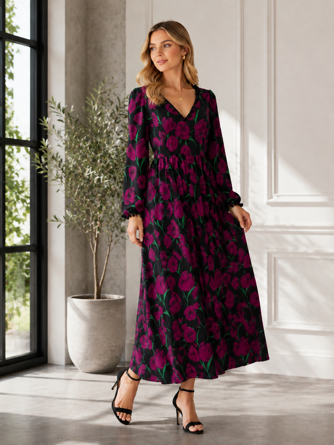 Women’s Boho Floral V-Neck Maxi Dress W-36890