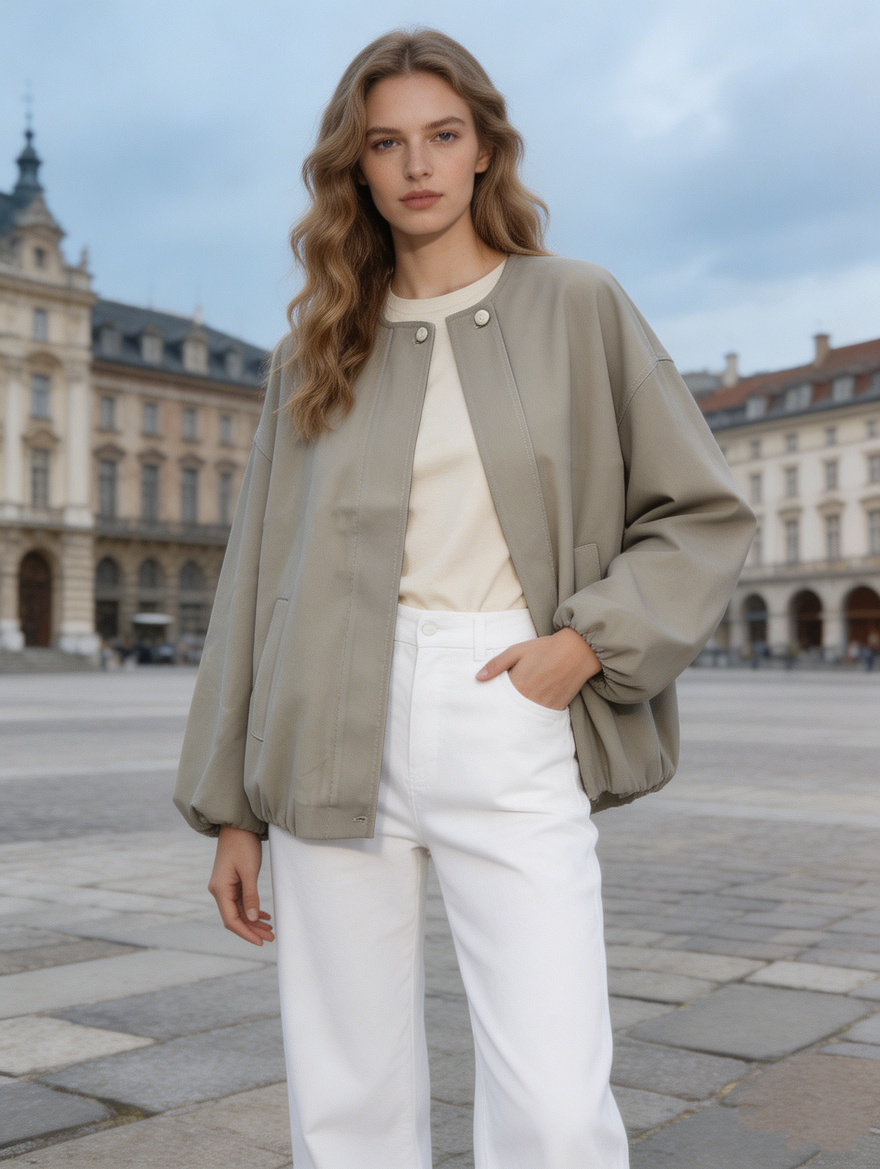 Old Money Style Sage Green Cropped Jacket - Balloon Sleeve Relaxed Fit Coat  57729