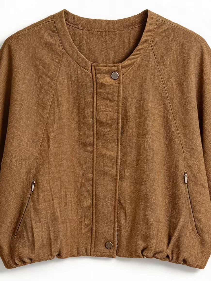 Minimalist Linen Cropped Bomber Jacket with Elastic Hem LA-710004