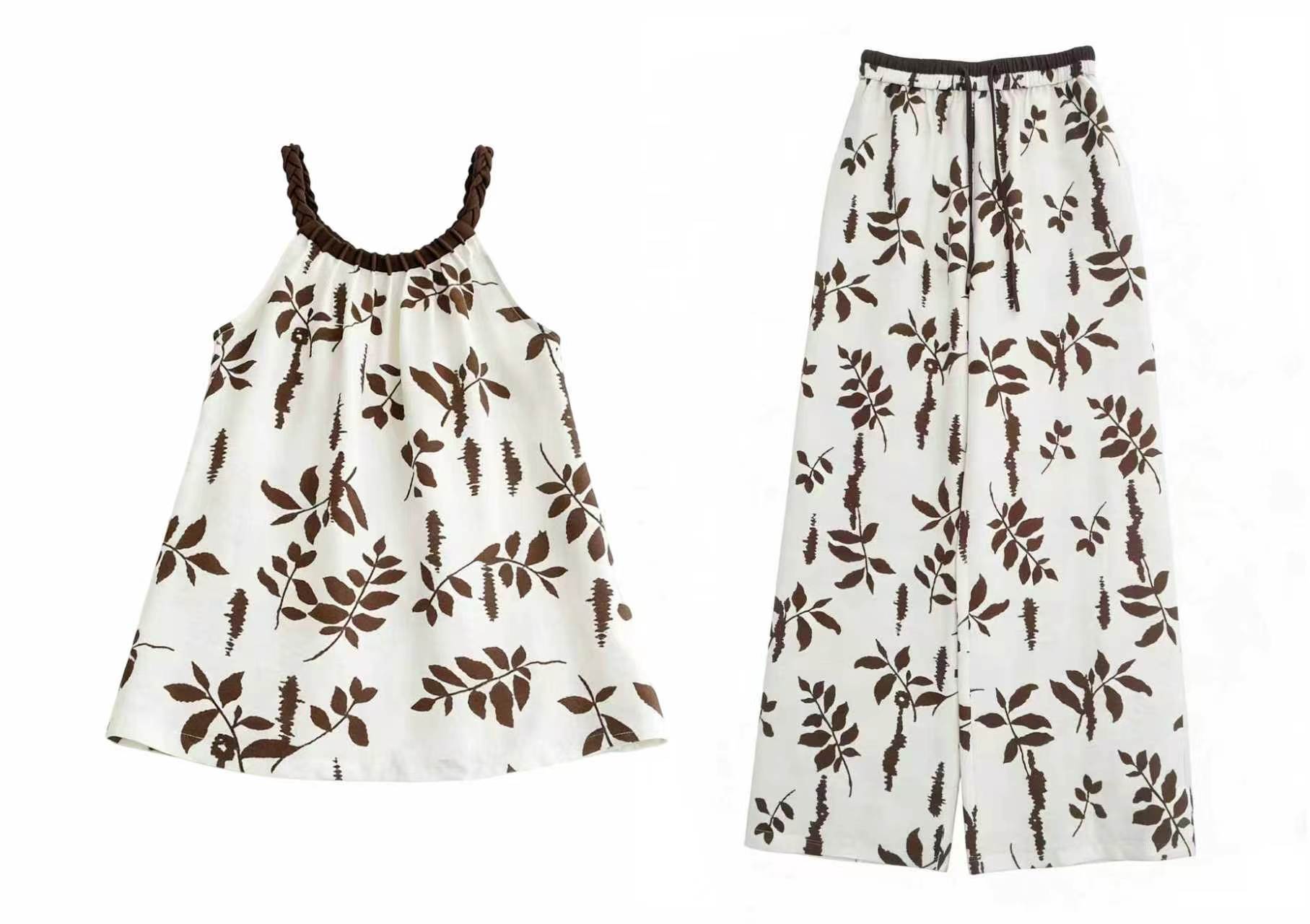 holesale Casual Print Two-Piece Set Sleeveless Top and Drawstring Wide-Leg Pants A-42002+A-42003