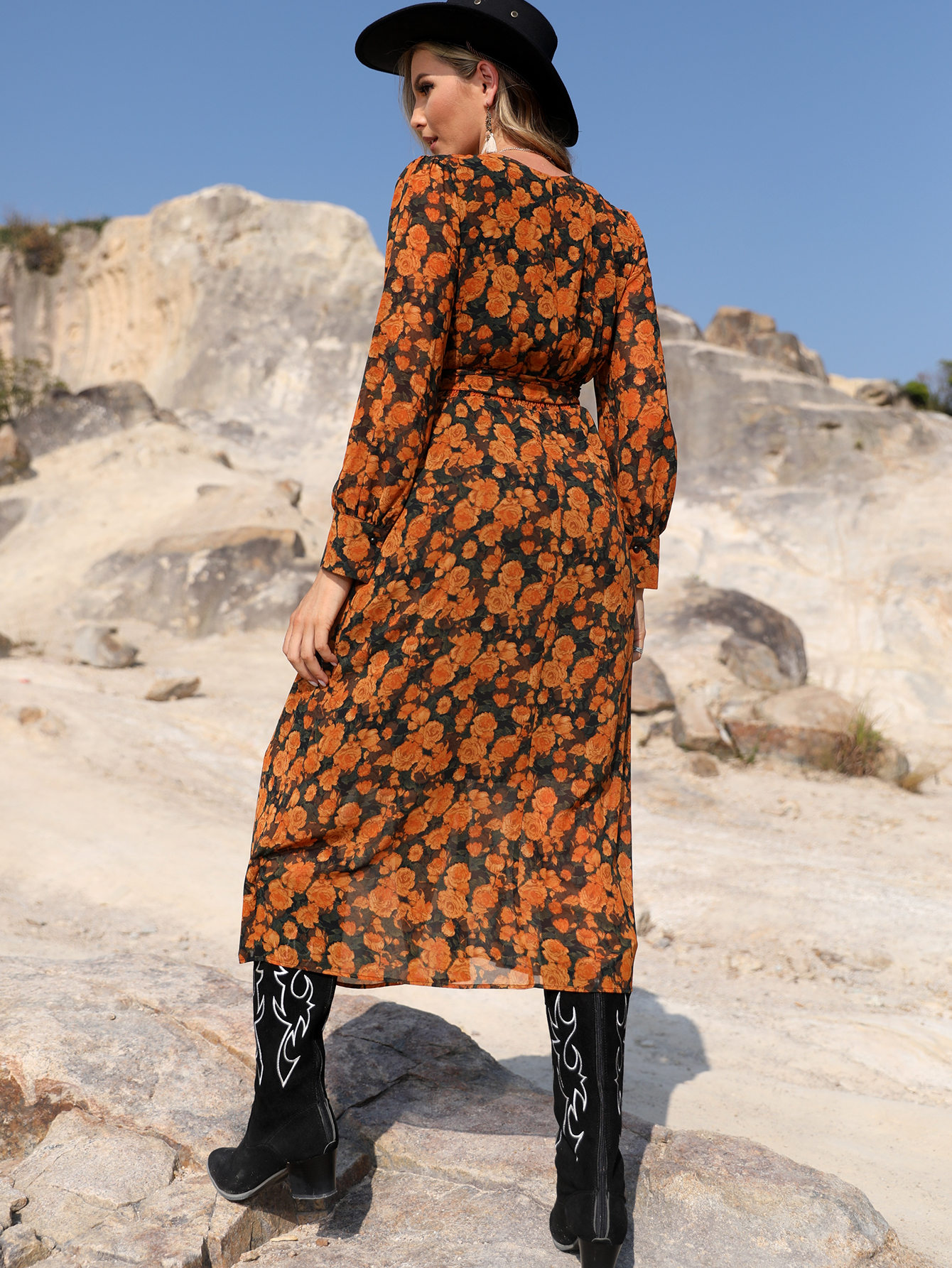 Western Floral Print Wrap Dress with Belt W-33725
