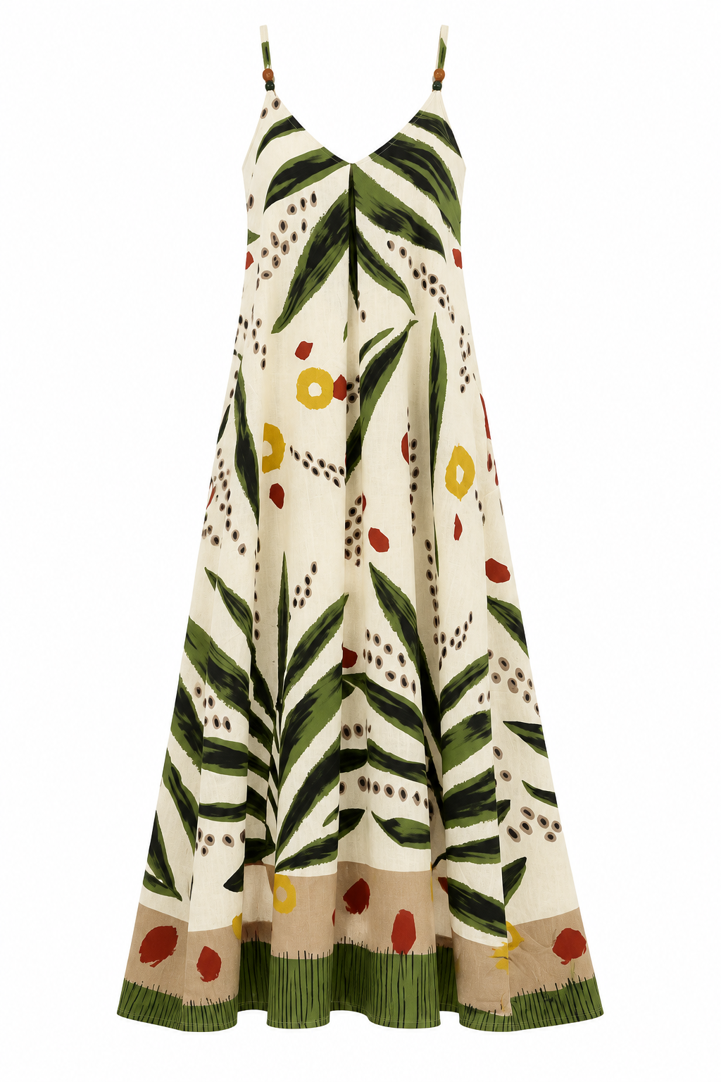 Women’s Tropical Leaf Print Halter Maxi Dress with Pom Pom Trim 2882-2
