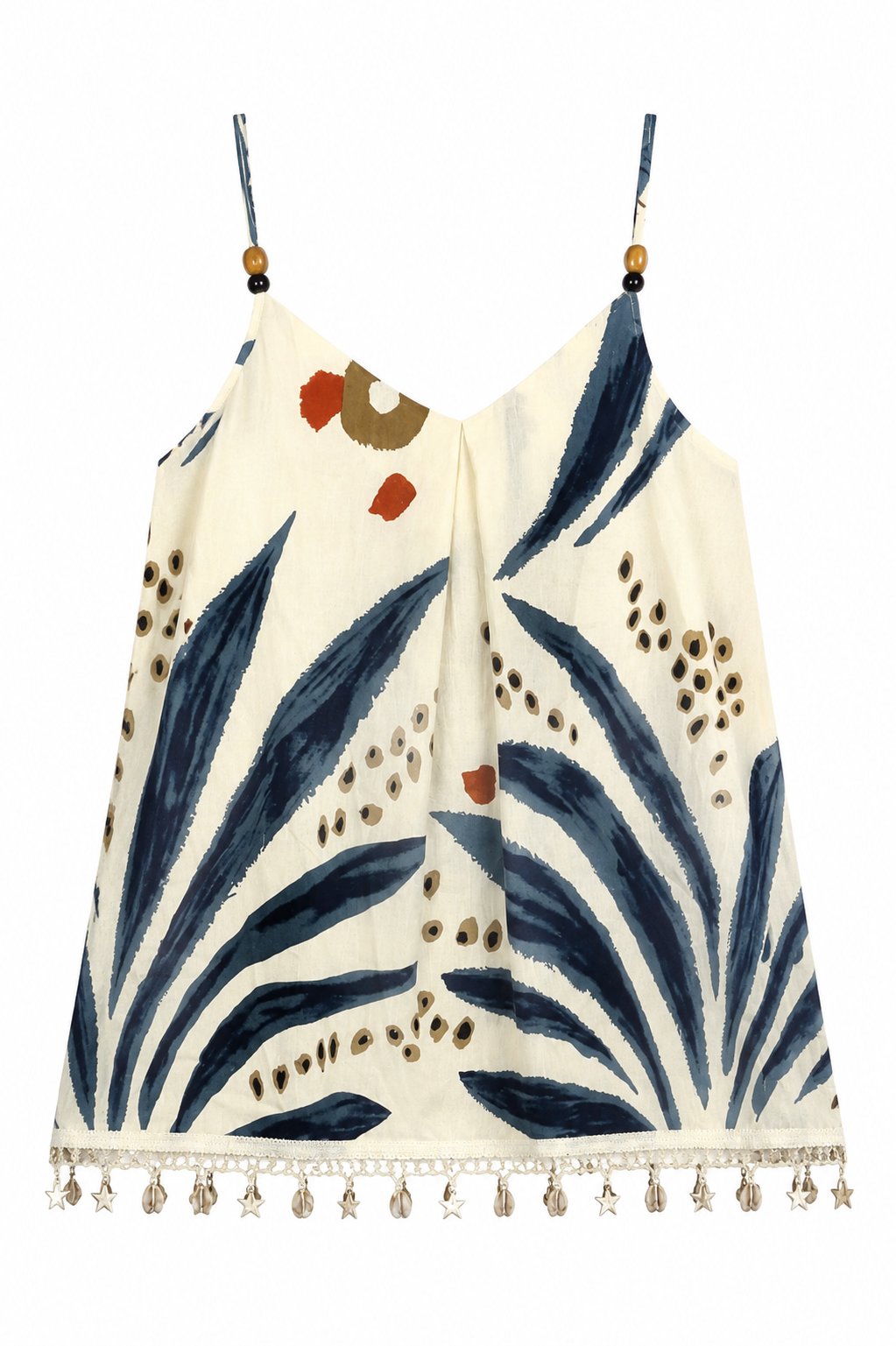 Women’s Tropical Leaf Print Spaghetti Strap Cami Top with Pom Pom Trim 2882-3