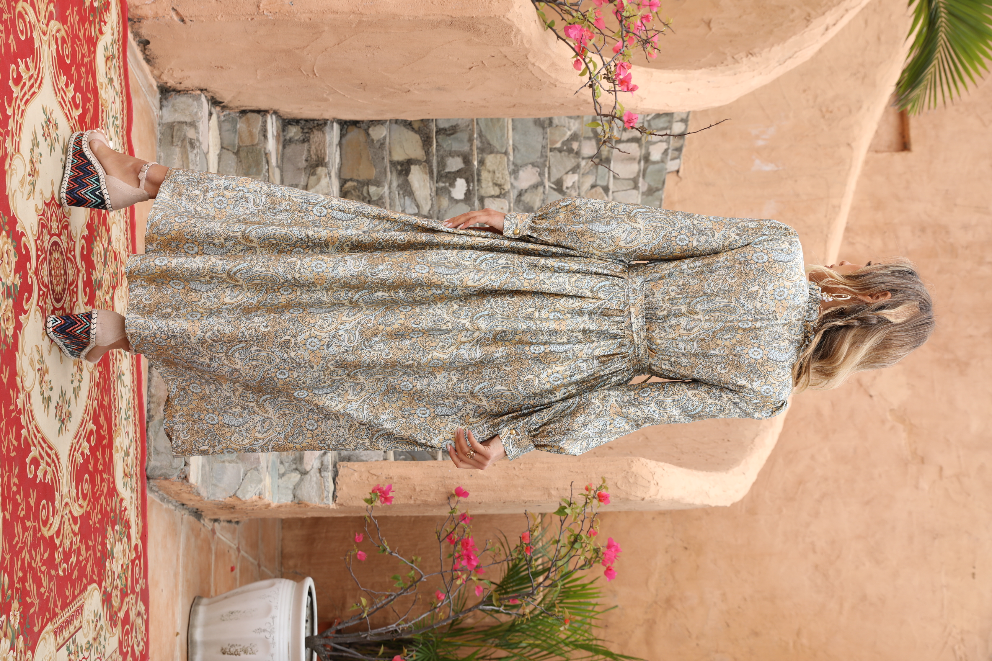 Women’s Paisley Print Belted Boho Maxi Dress M-34144