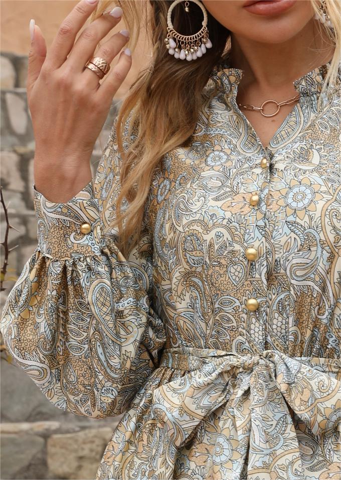 Women’s Paisley Print Belted Boho Maxi Dress M-34144