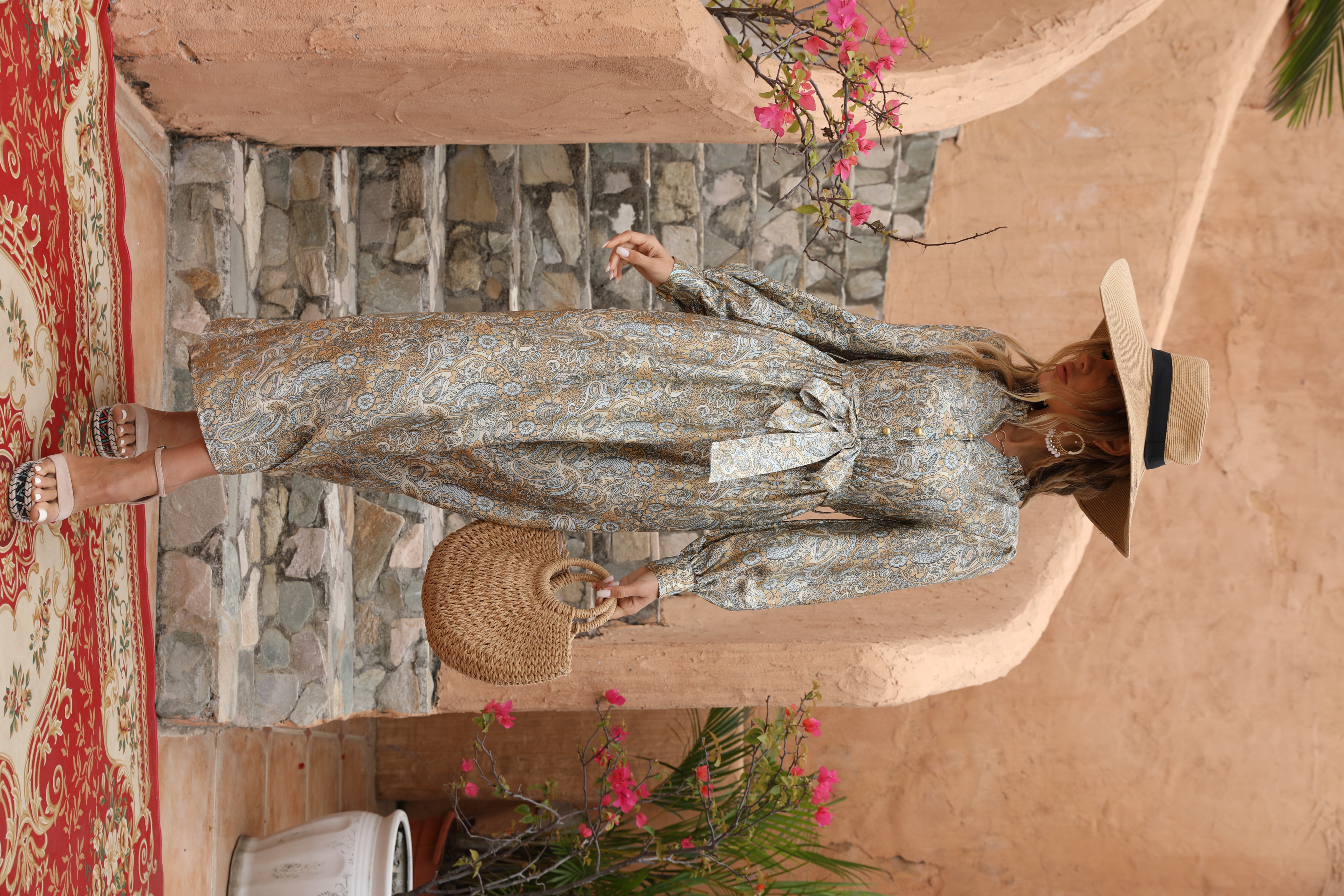 Women’s Paisley Print Belted Boho Maxi Dress M-34144