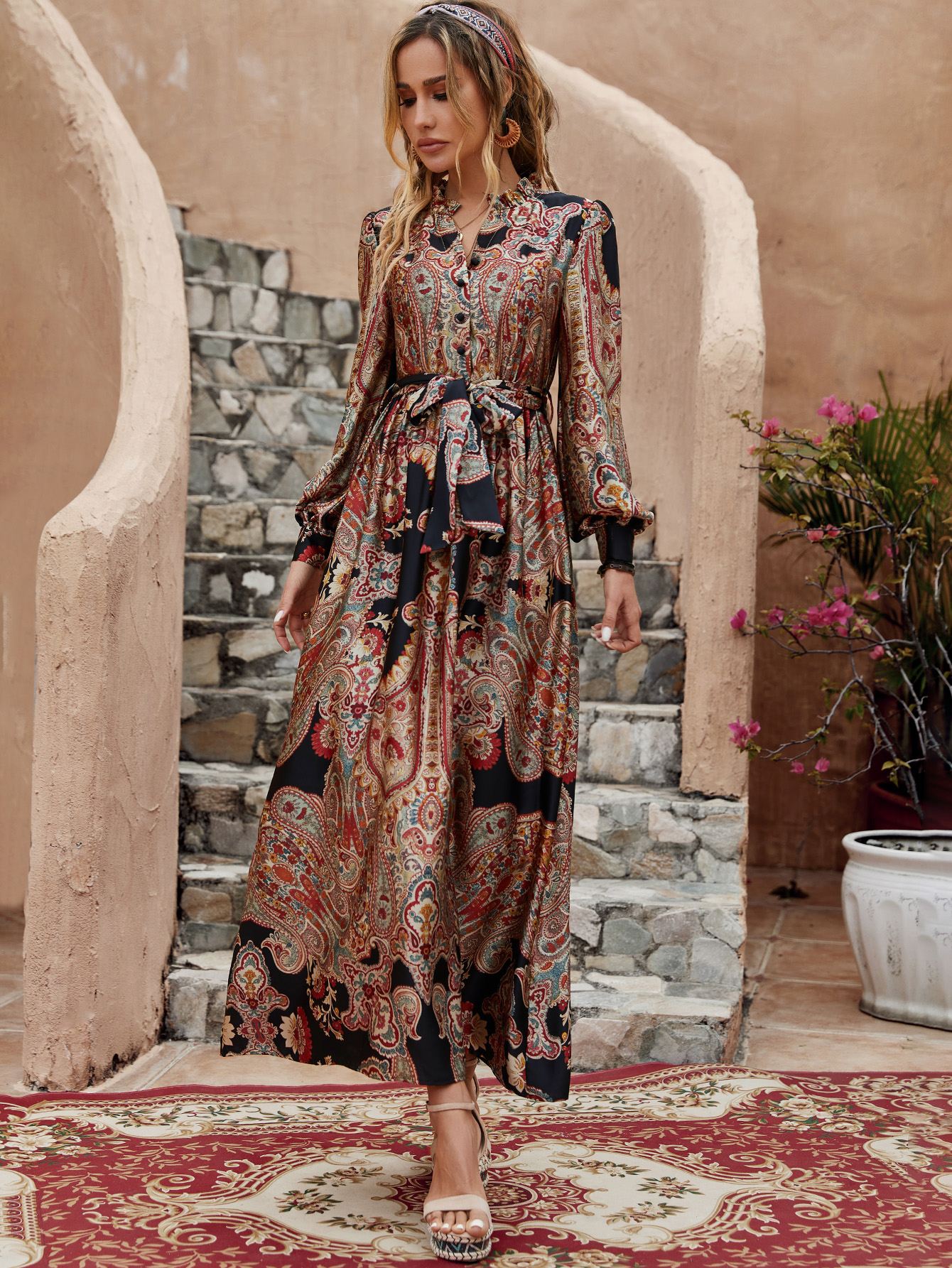 Women’s Vintage Paisley Boho Tie Waist Maxi Dress M-33856