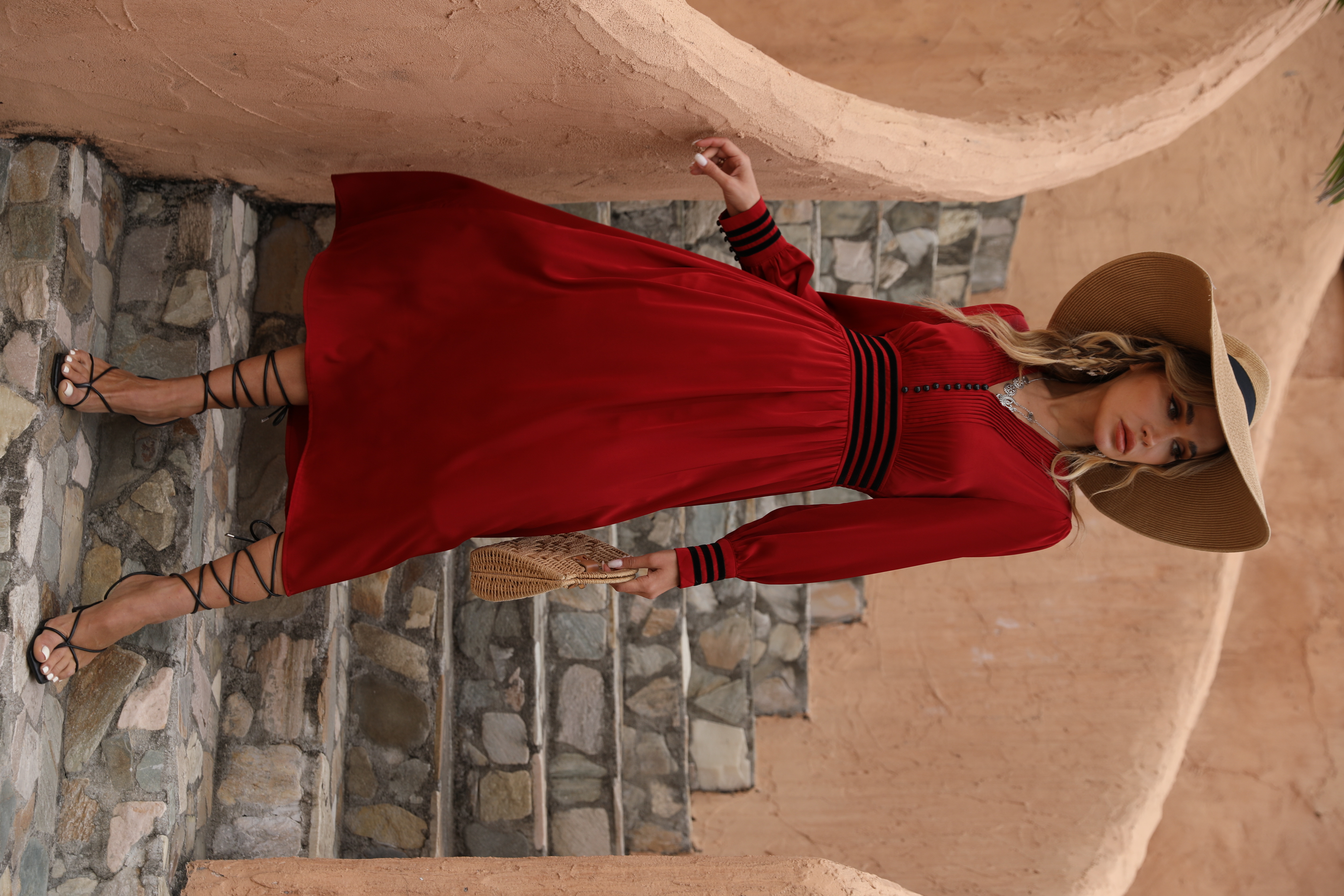 Women's French Vintage Style V-Neck Long Sleeve A-Line Dress - Burgundy Button Down W-34293