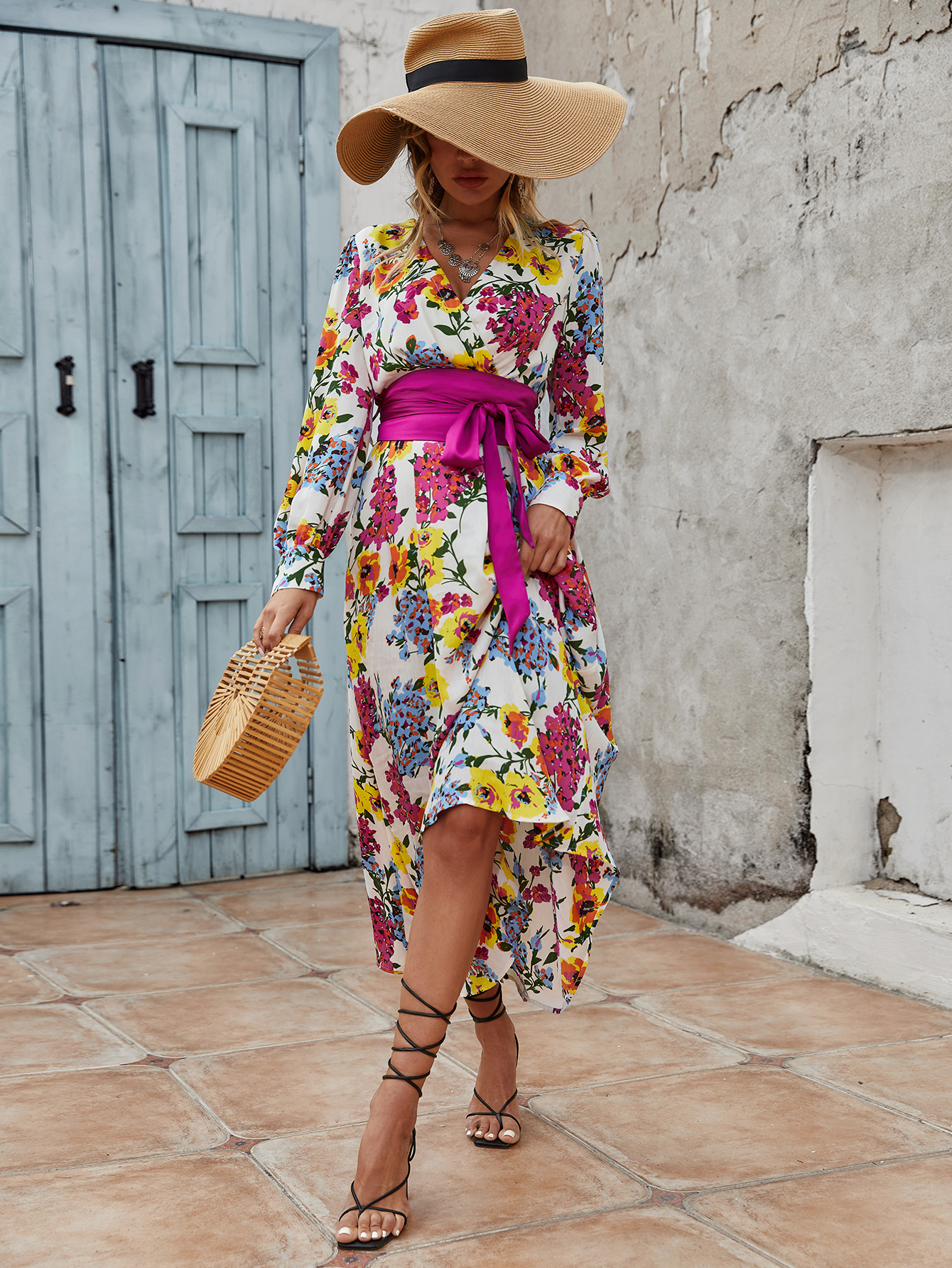 Women’s Boho Floral Midi Dress with V Neck and Sash Belt D-34237