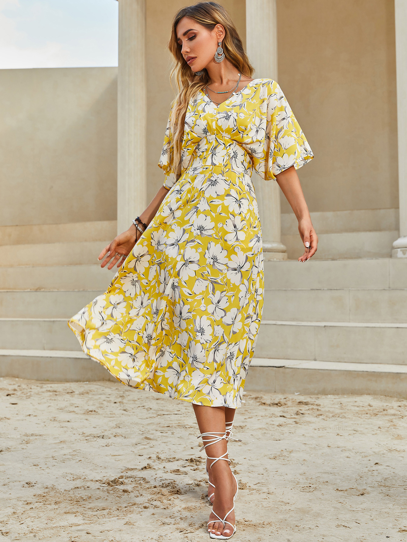 Women’s Yellow Floral V-Neck Midi Dress W-32793-1