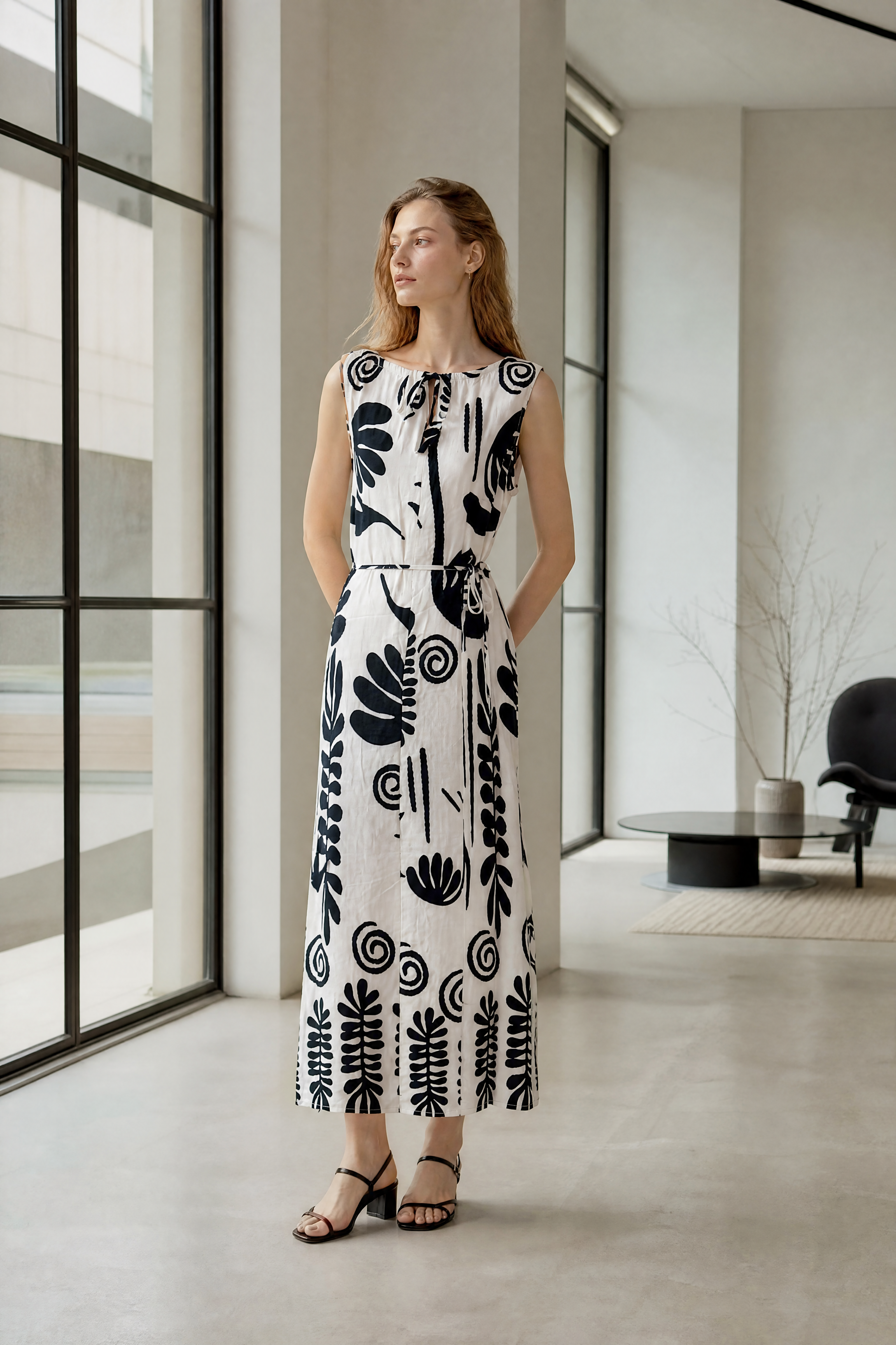 Women’s Boho Tropical Leaf Print Sleeveless Maxi Dress with Pom Pom Trim 2550