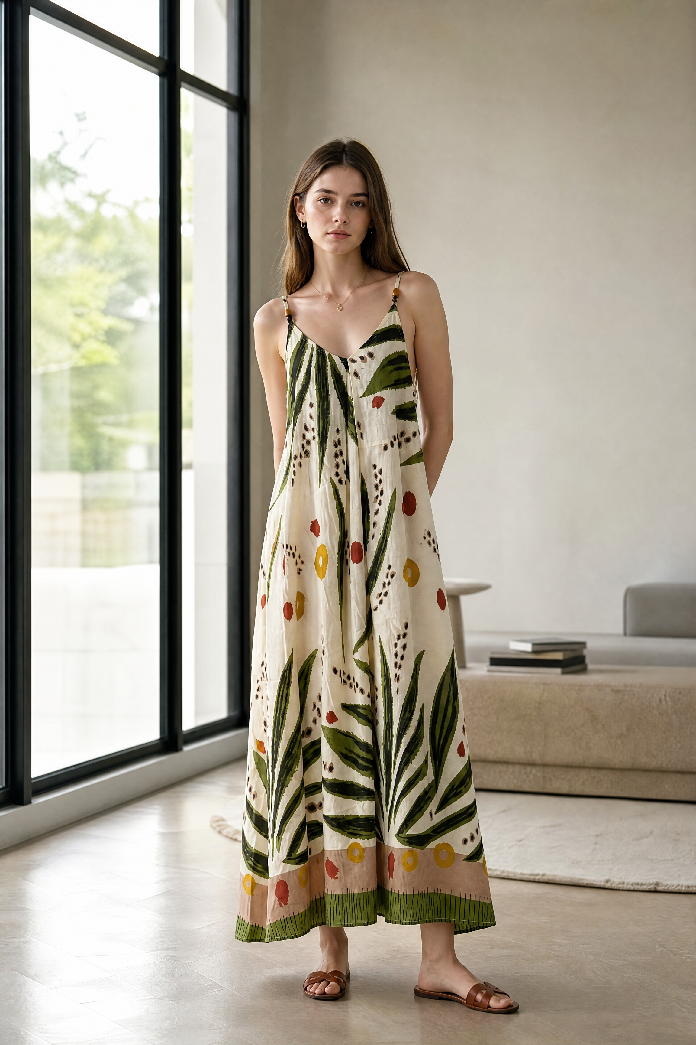 Women’s Tropical Leaf Print Halter Maxi Dress with Pom Pom Trim 2882-2