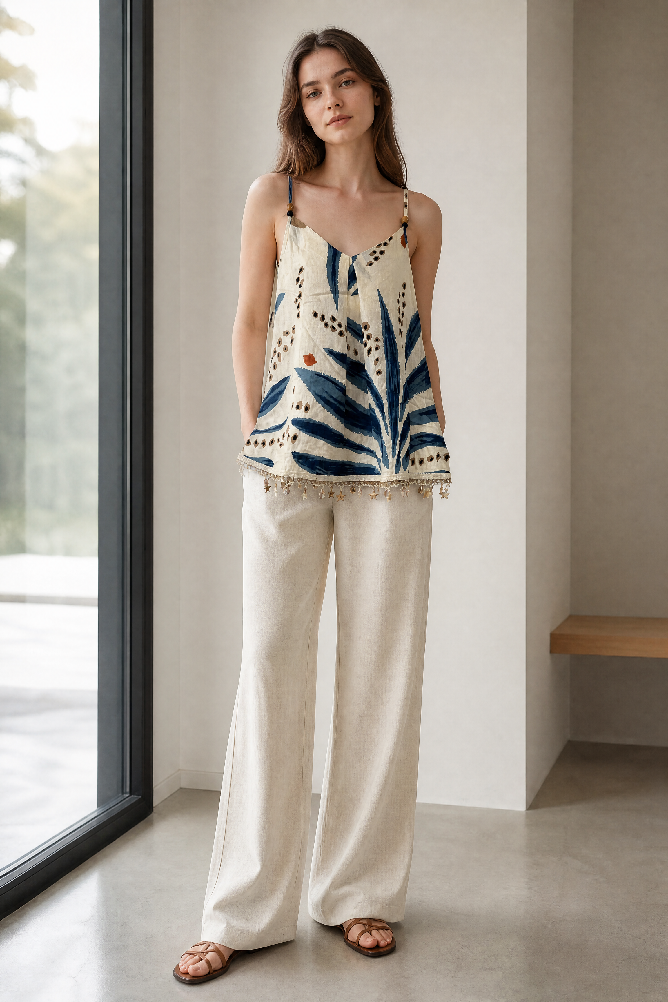 Women’s Tropical Leaf Print Spaghetti Strap Cami Top with Pom Pom Trim 2882-3