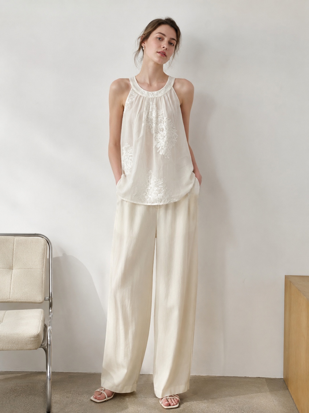 Women’s Embroidered High Neck Sleeveless Top W-40375