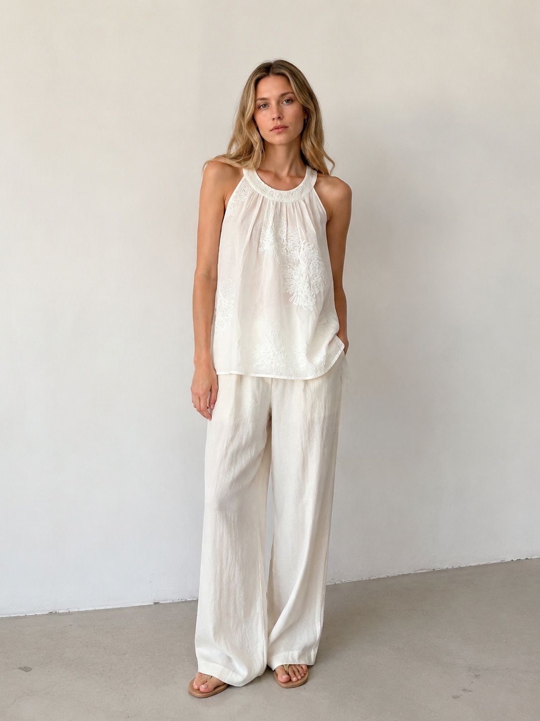 Women’s Embroidered High Neck Sleeveless Top W-40375
