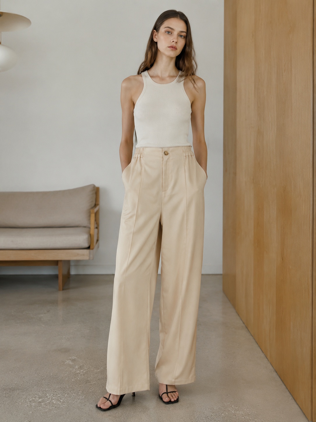 Minimalist Wide Leg Linen Blend Pants with Elastic Waist C-42201