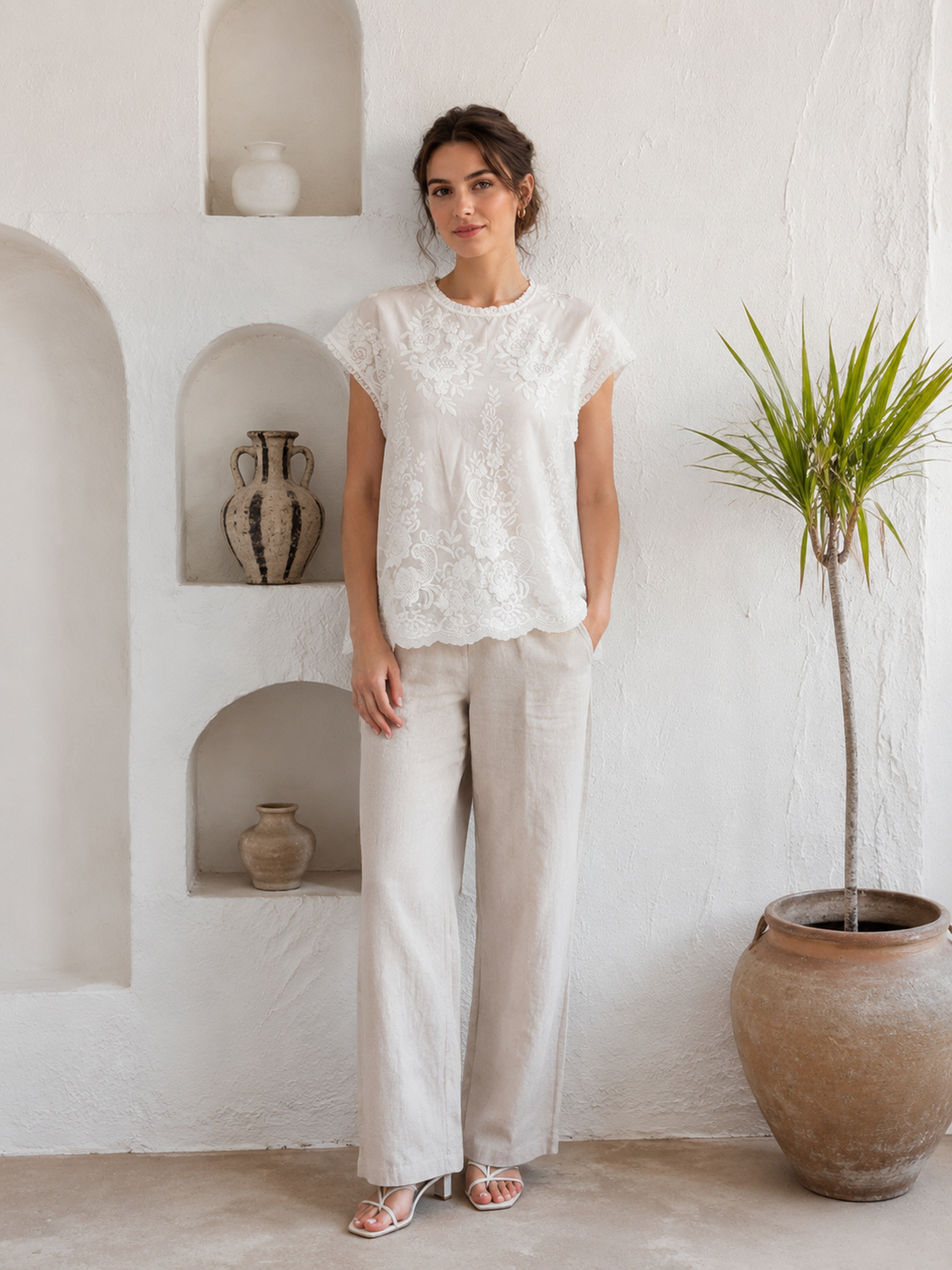 Ruffle Neck Floral‑Embroidered Tunic Blouse, Scalloped Lace Hem Casual Shirt W-43494
