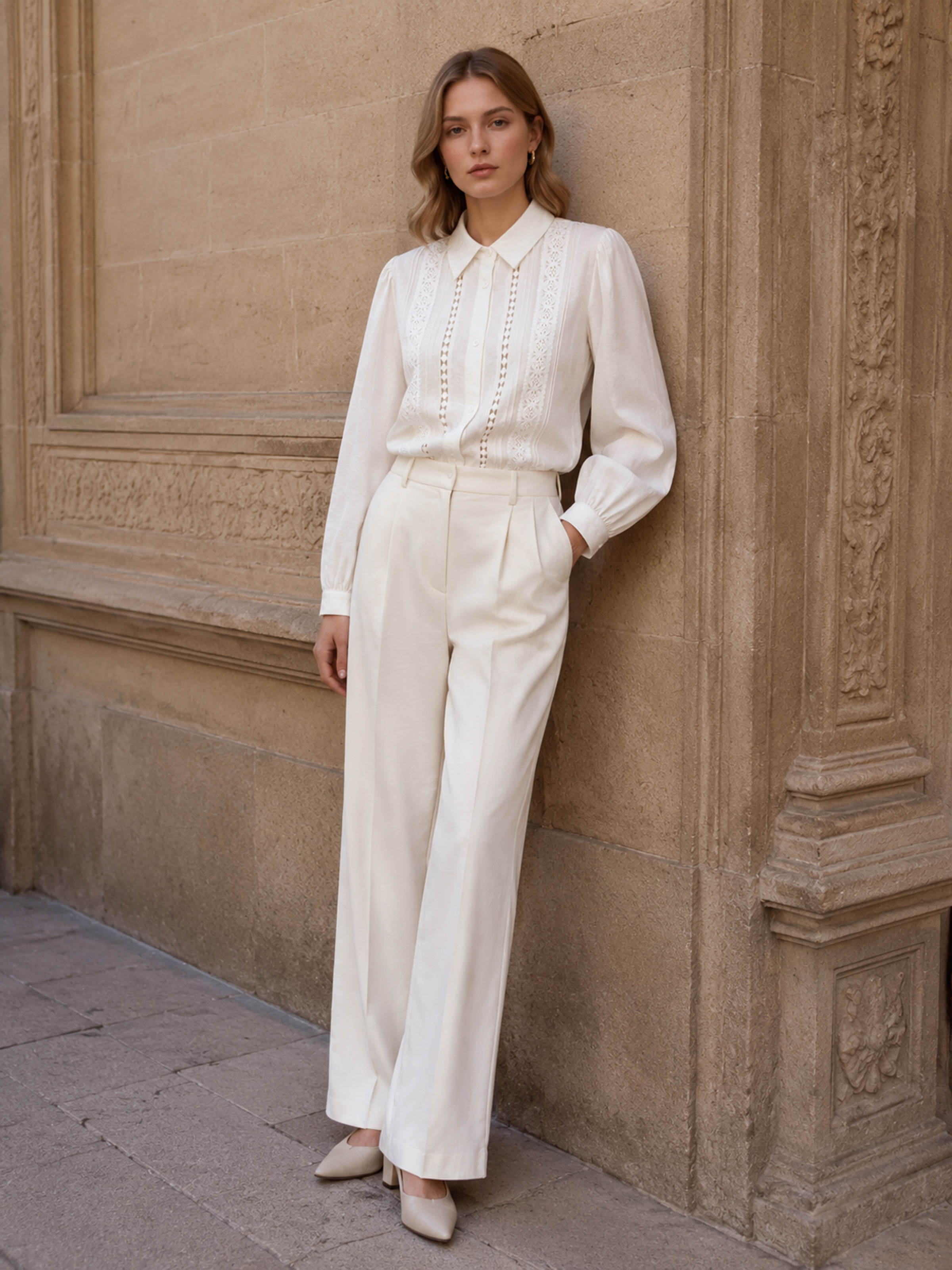 White Collared Long‑Sleeve Blouse With Vertical Lace‑Trim Panels C-43309