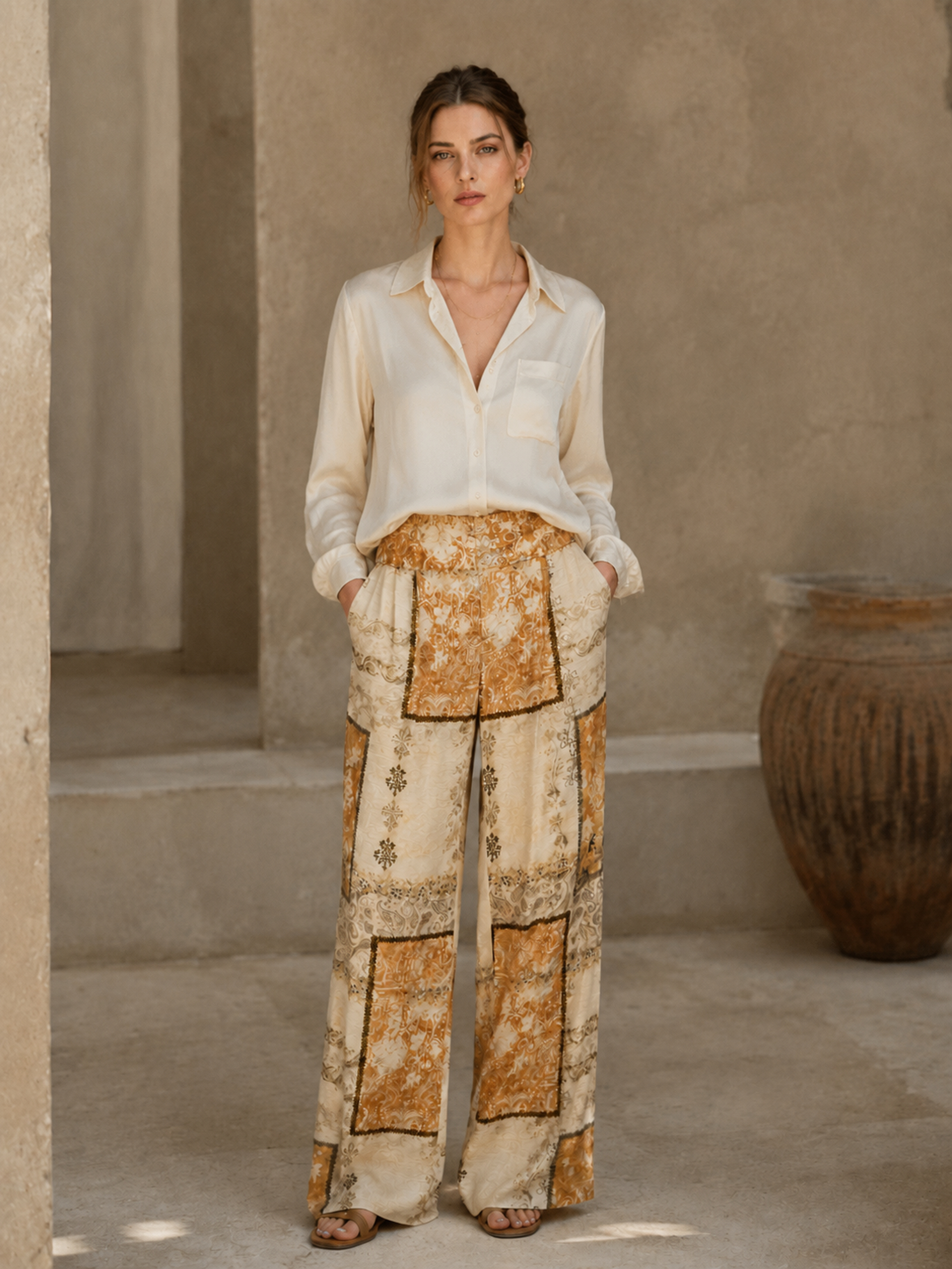 Vintage Block‑Print High‑Waist Flowy Wide‑Leg Casual Trousers D-42720