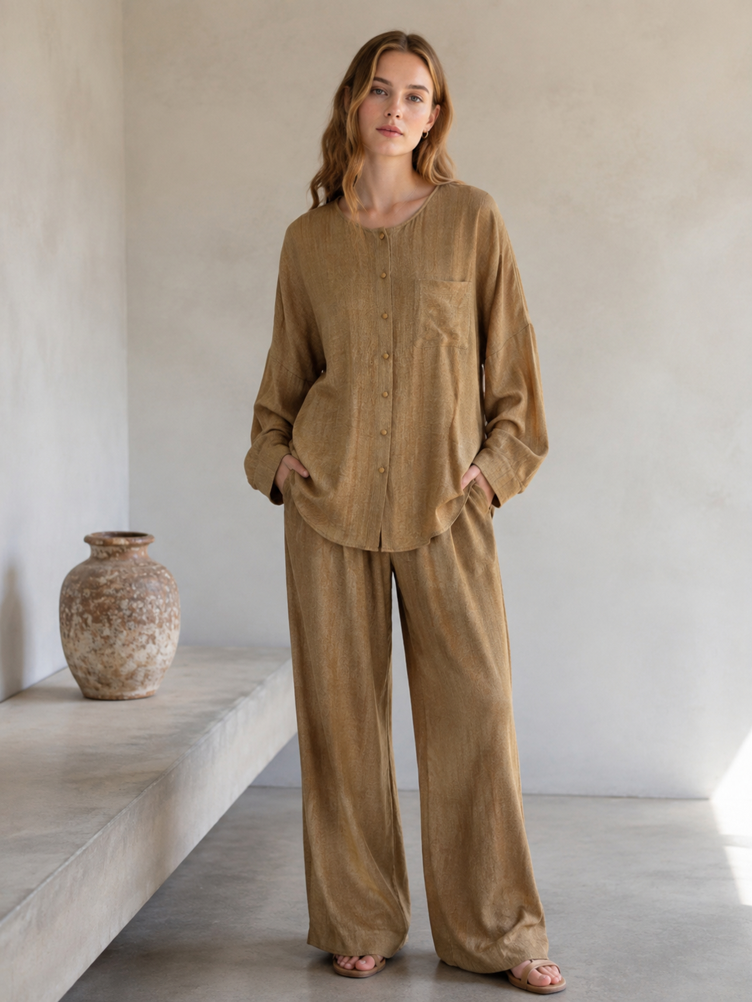 Boho‑Chic Oversized Batwing‑Sleeve Linen Shirt With Patch Pocket, Irregular Curved Hem W-43061