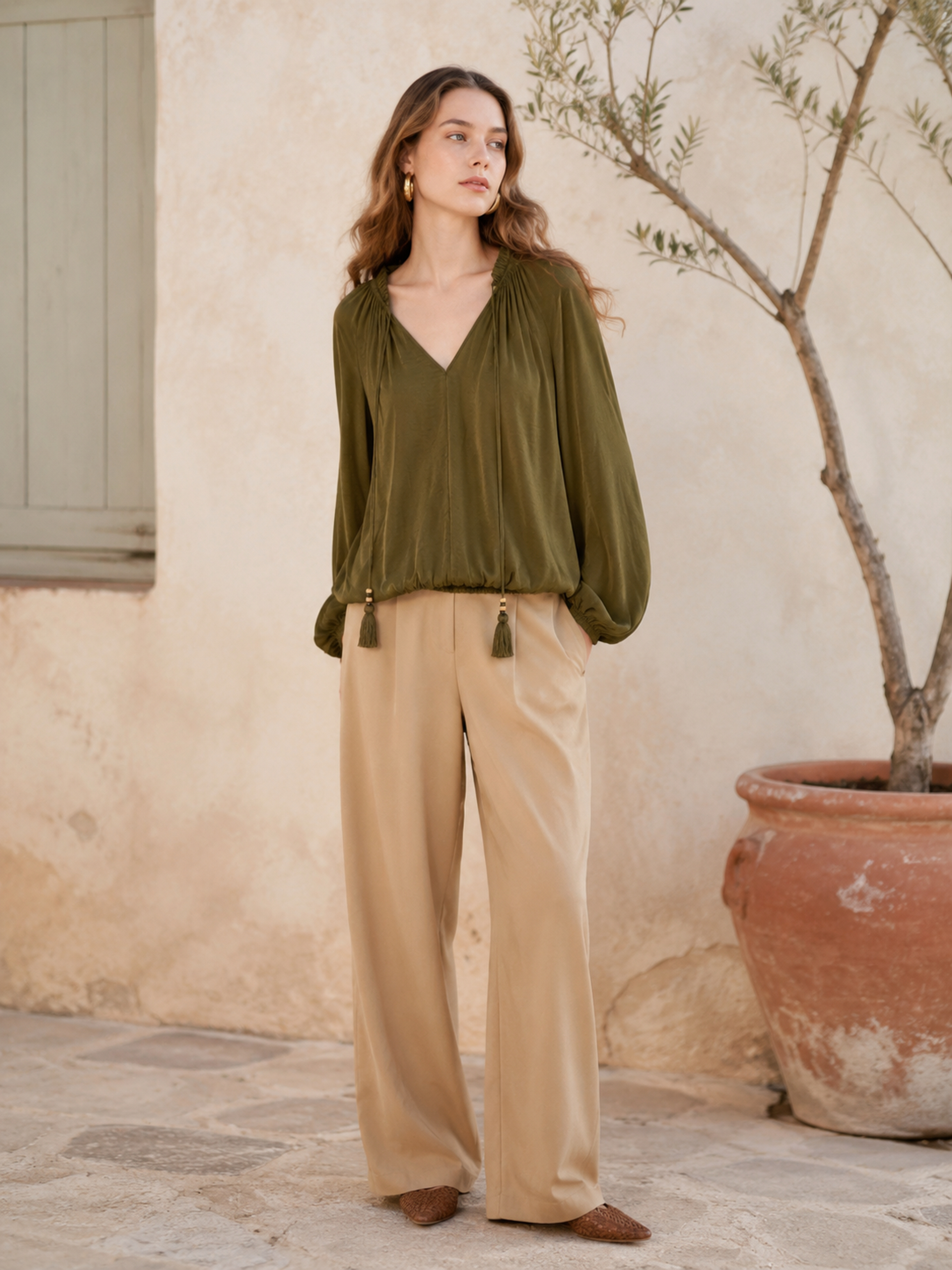 Olive Green V‑Neck Boho Blouse, Long‑Sleeve Peasant Top With Beaded Tassel Tie Neck W-43126