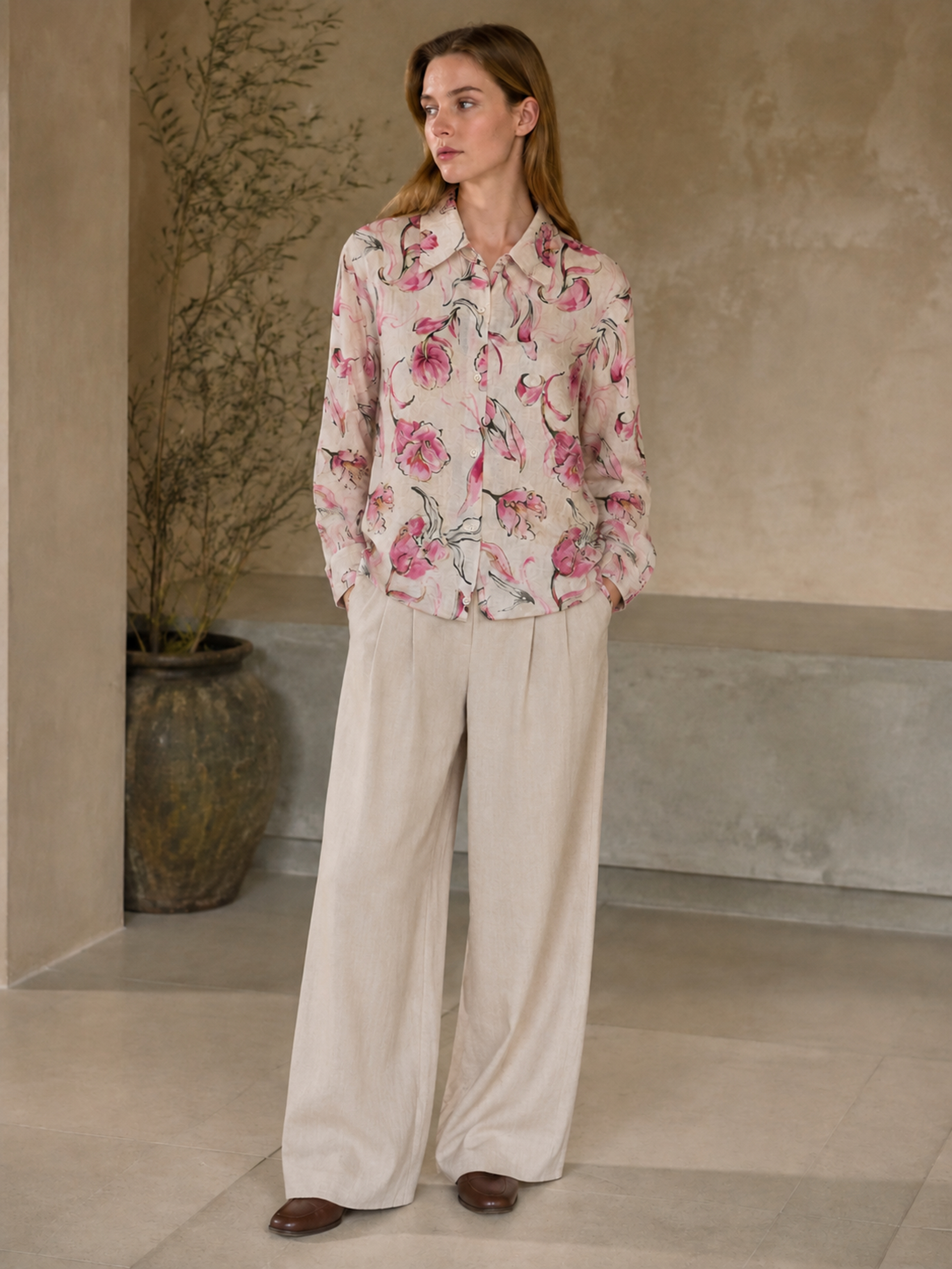 Vintage‑Inspired Pink Flower Print Textured‑Fabric Loose Button‑Up Shirt W-43128
