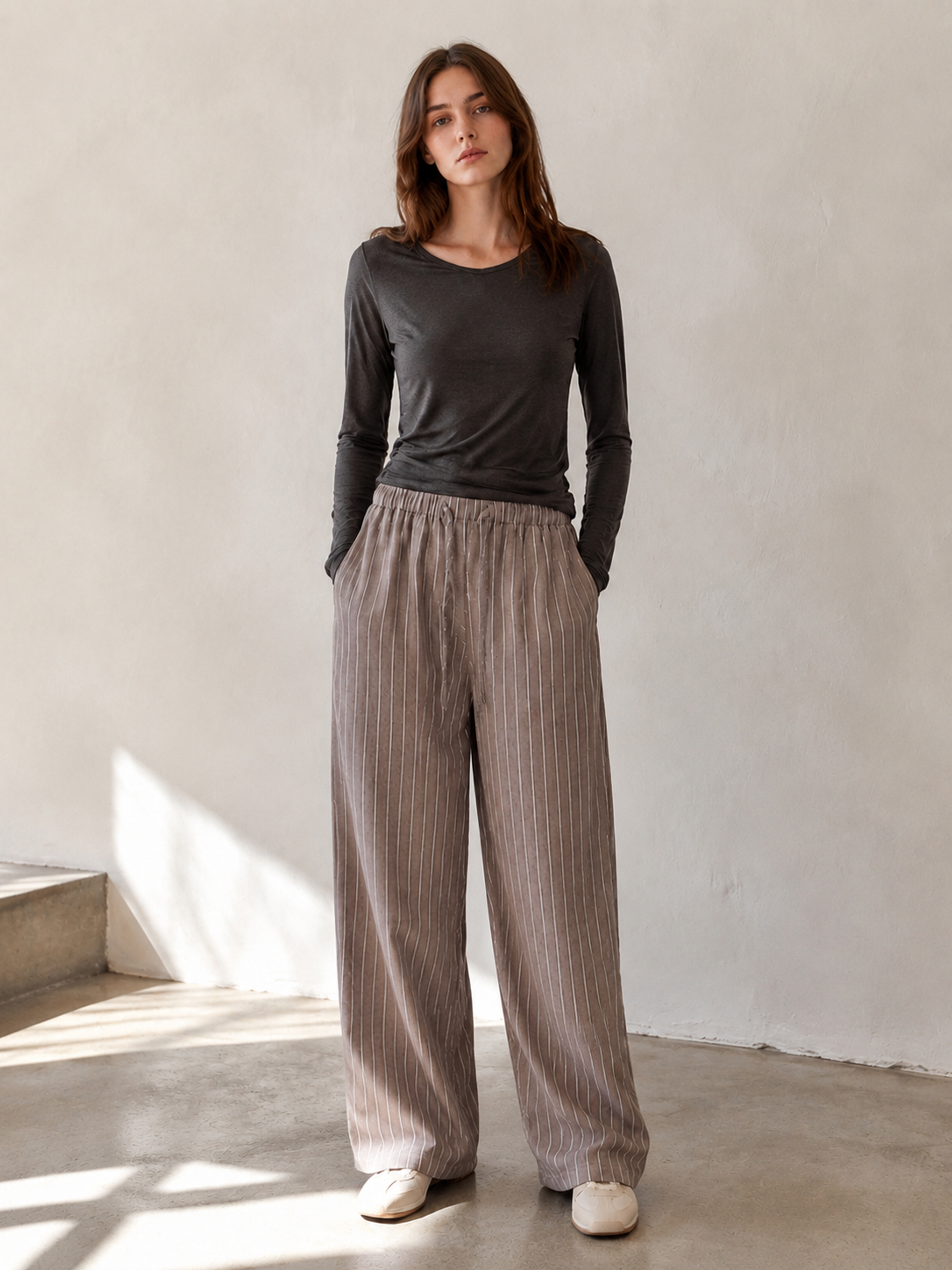 Chic Grey‑Brown Striped Linen Wide‑Leg Pants, Elastic Waist Daily‑Wear Bottoms W-43489