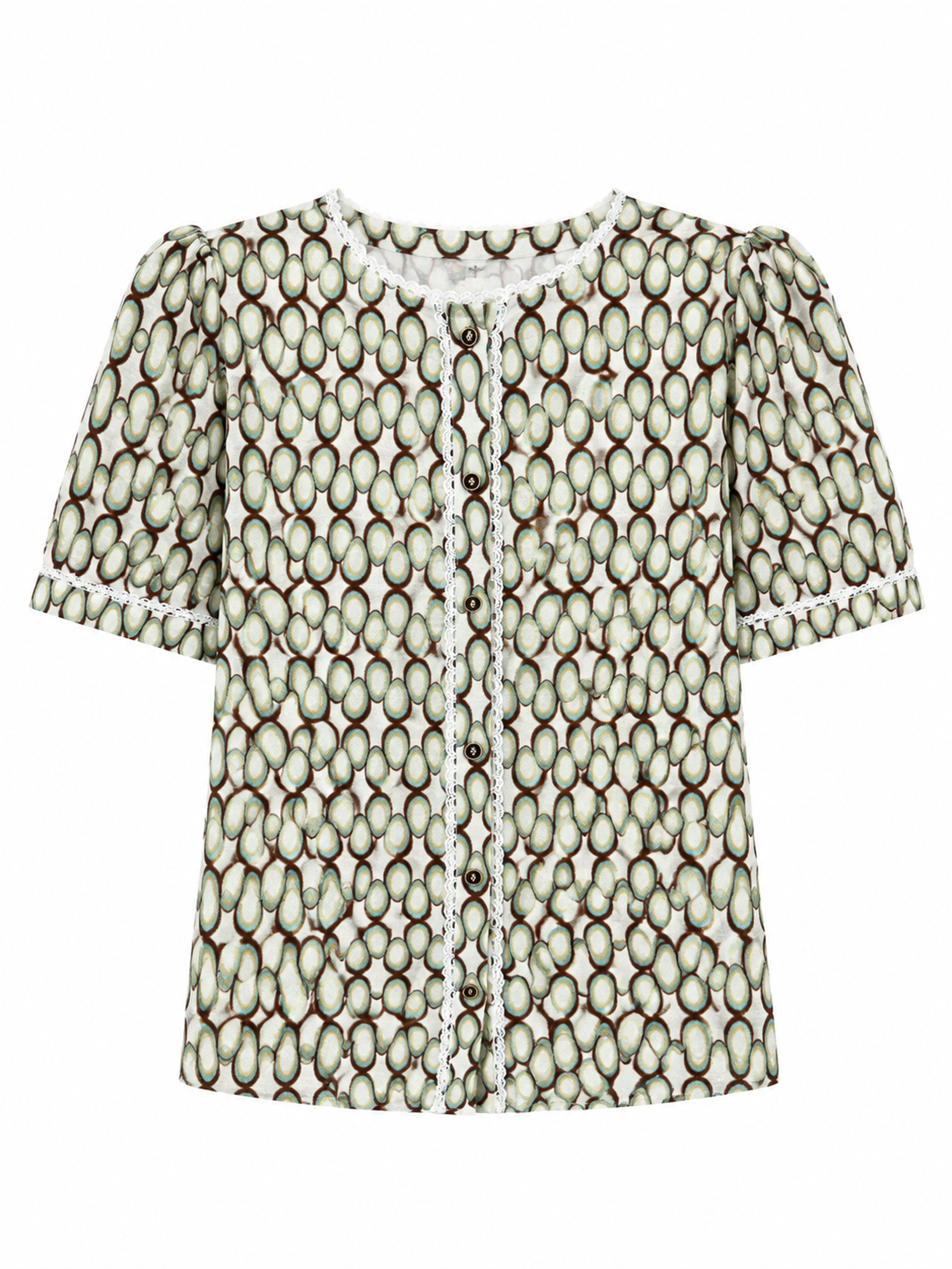 Elegant Geometric Print Short‑Sleeve Blouse, Lace‑Edged Round‑Neck Button‑Down Relaxed‑Fit Top A-42762