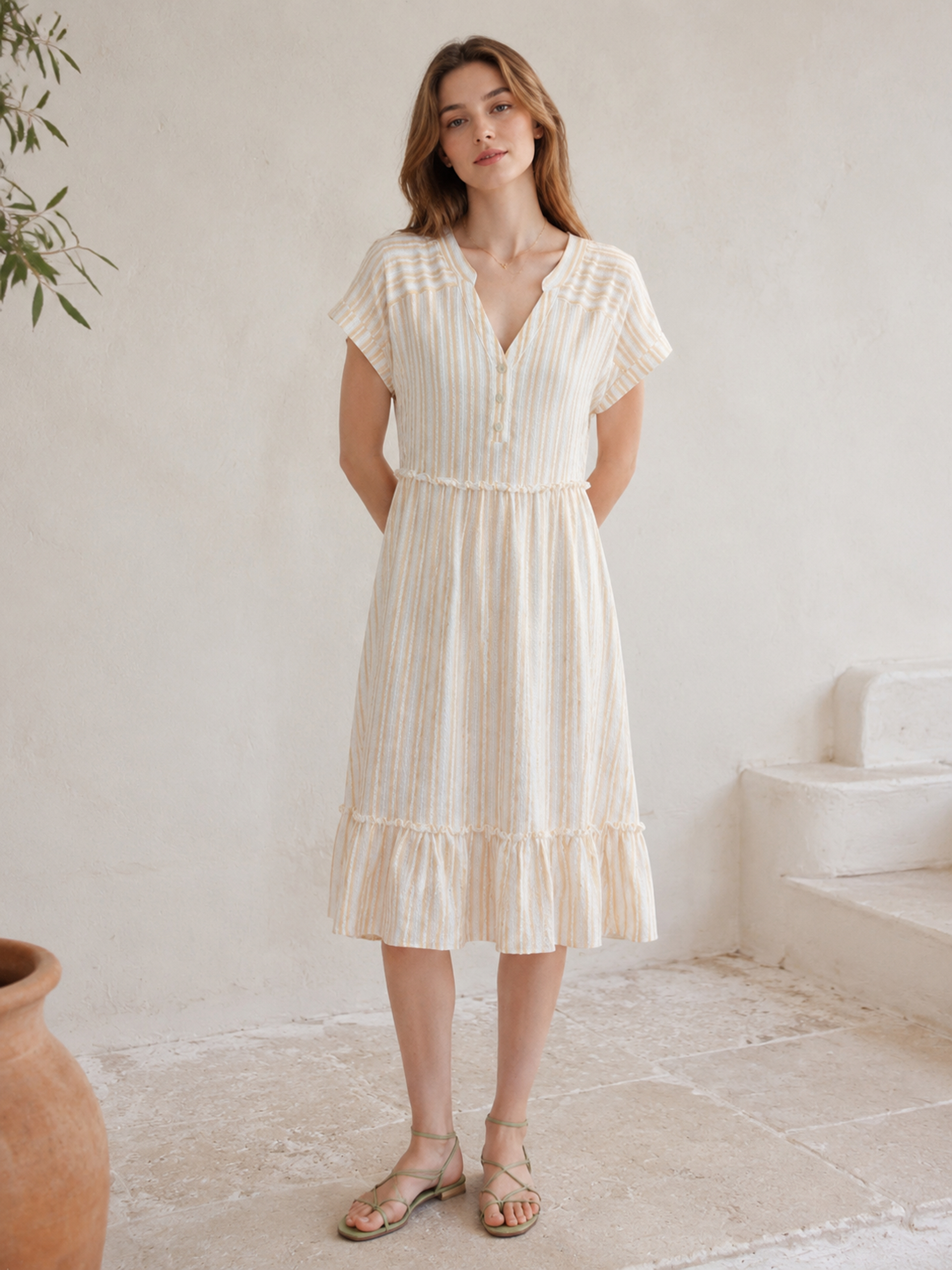 Elegant Loose‑Fit Vertical‑Stripe Summer Dress, V‑Neck Half‑Button Short‑Sleeve Waist‑Ruffle Flow‑y Knee‑Length Dress C-42080H
