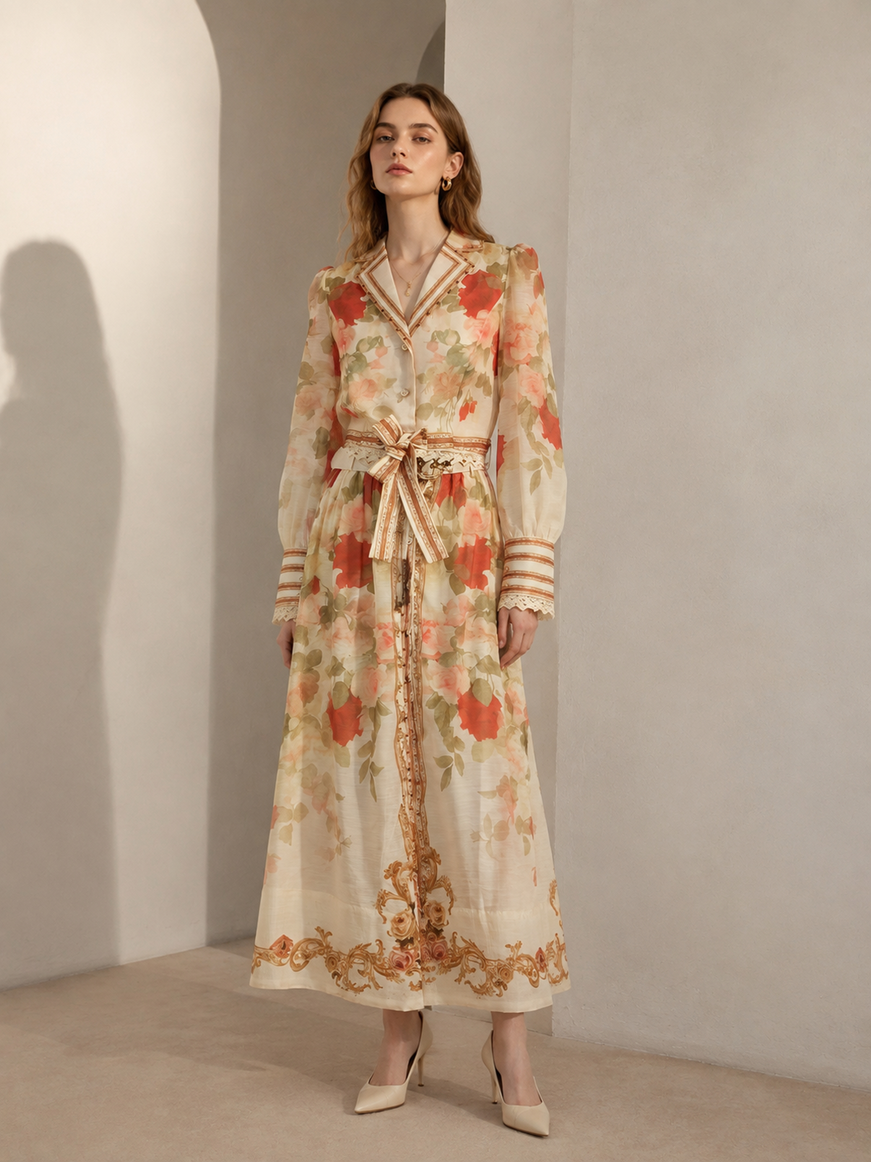Women's Romantic Floral Print Maxi Dress, V‑Notch Collar Long Puff‑Sleeve Lace‑Trim Belted Vintage Long Gown LA-030420