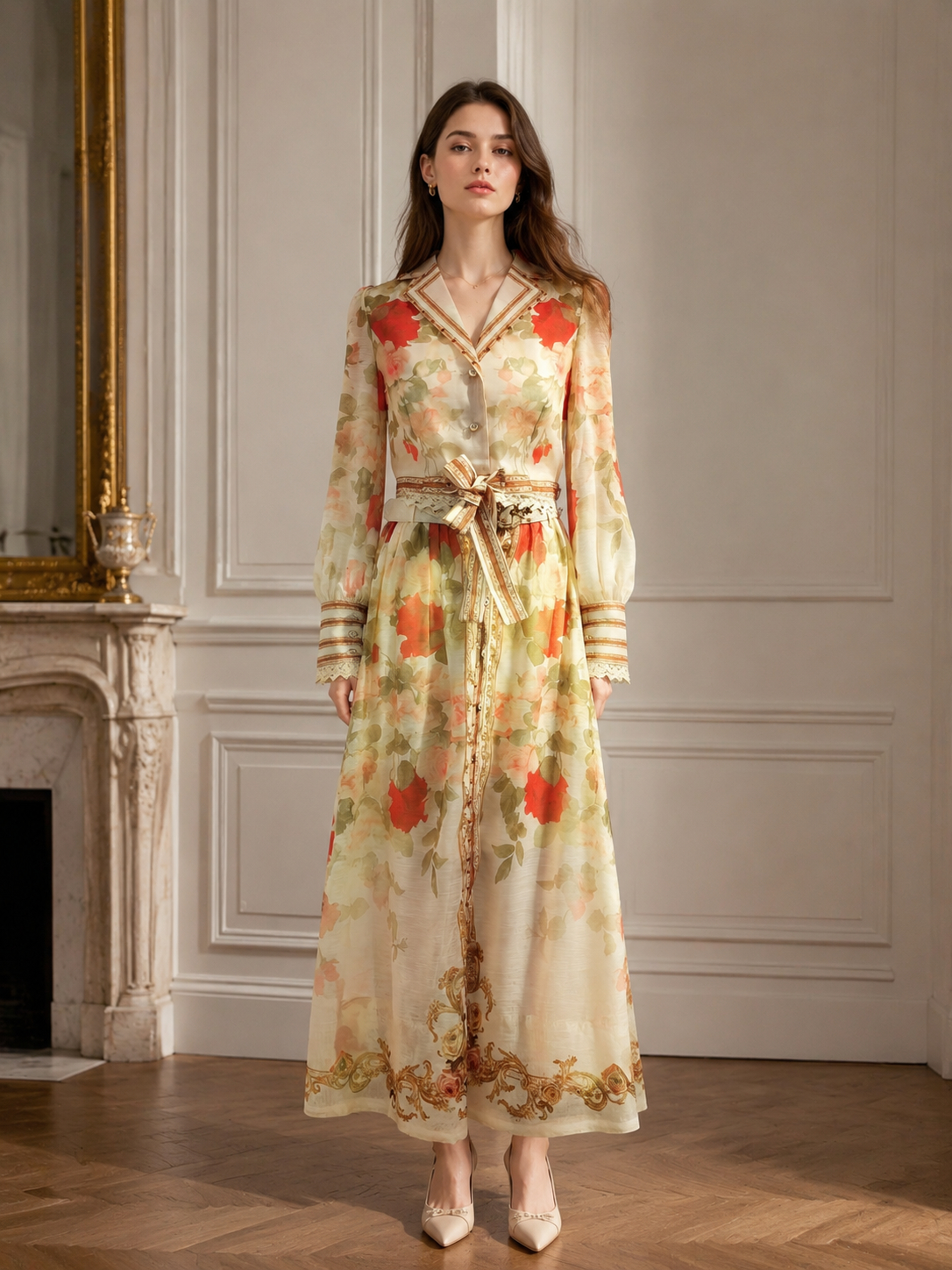 Women's Romantic Floral Print Maxi Dress, V‑Notch Collar Long Puff‑Sleeve Lace‑Trim Belted Vintage Long Gown LA-030420