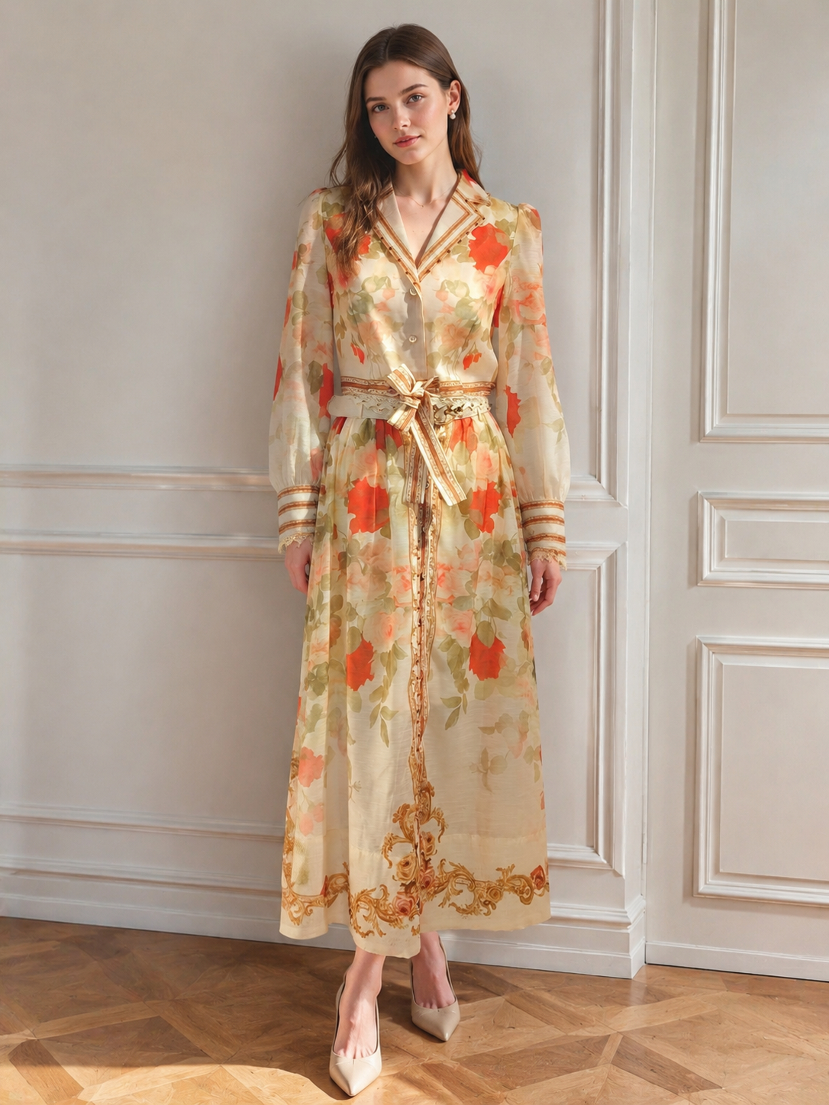 Women's Romantic Floral Print Maxi Dress, V‑Notch Collar Long Puff‑Sleeve Lace‑Trim Belted Vintage Long Gown LA-030420