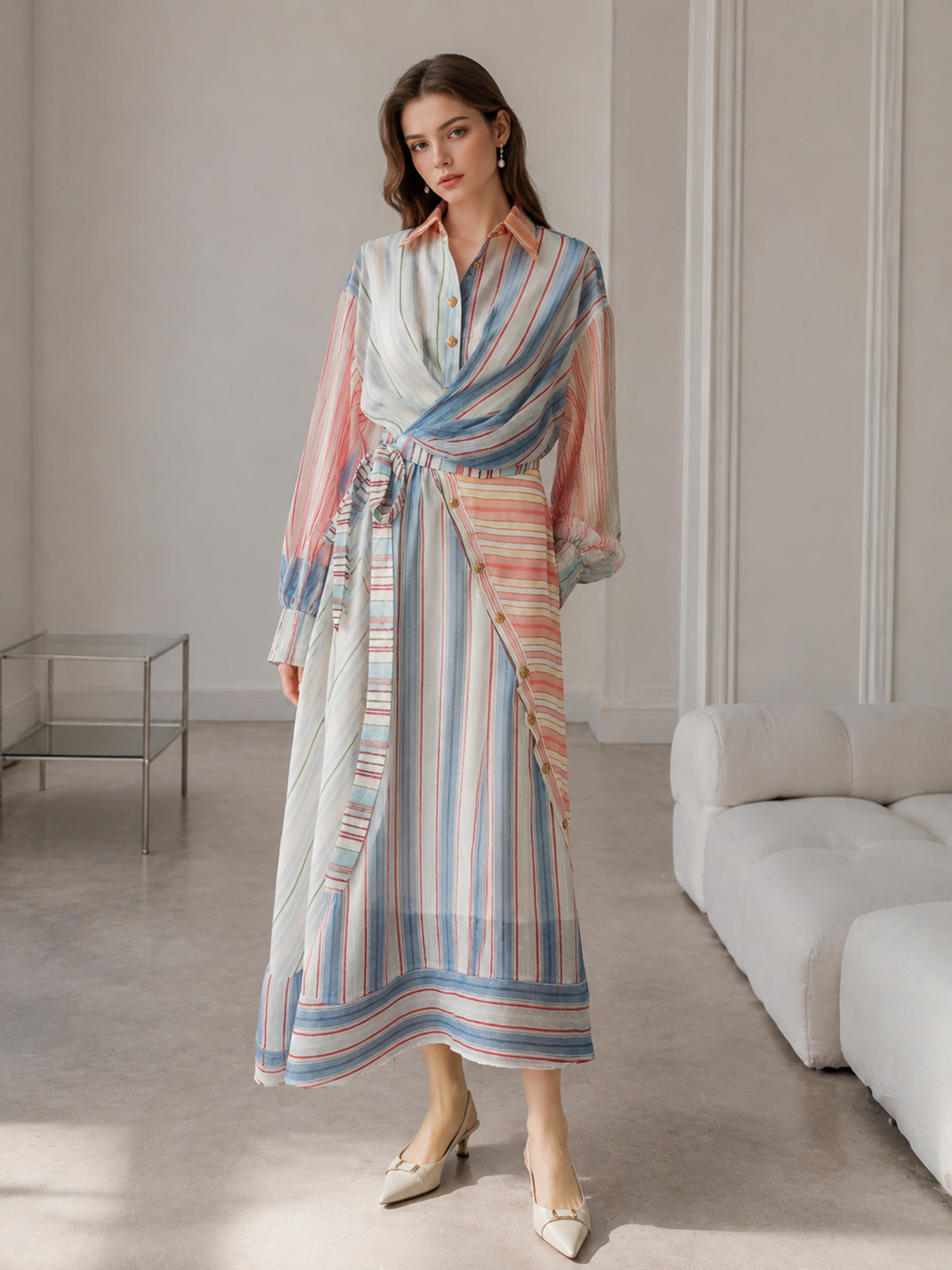 Women’s Striped Chiffon Belted Wrap Shirt Maxi Dress LA-030413