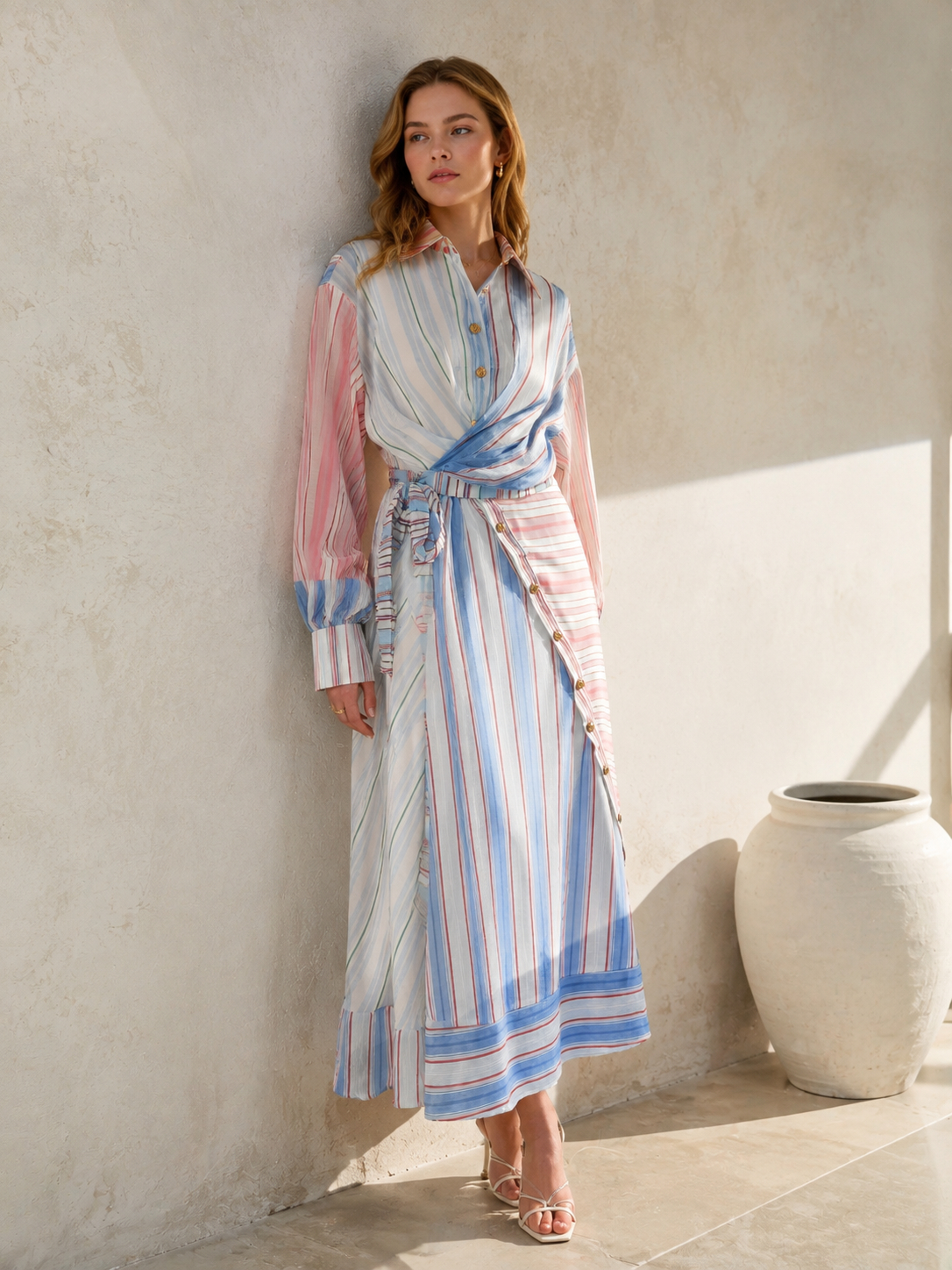 Women’s Striped Chiffon Belted Wrap Shirt Maxi Dress LA-030413