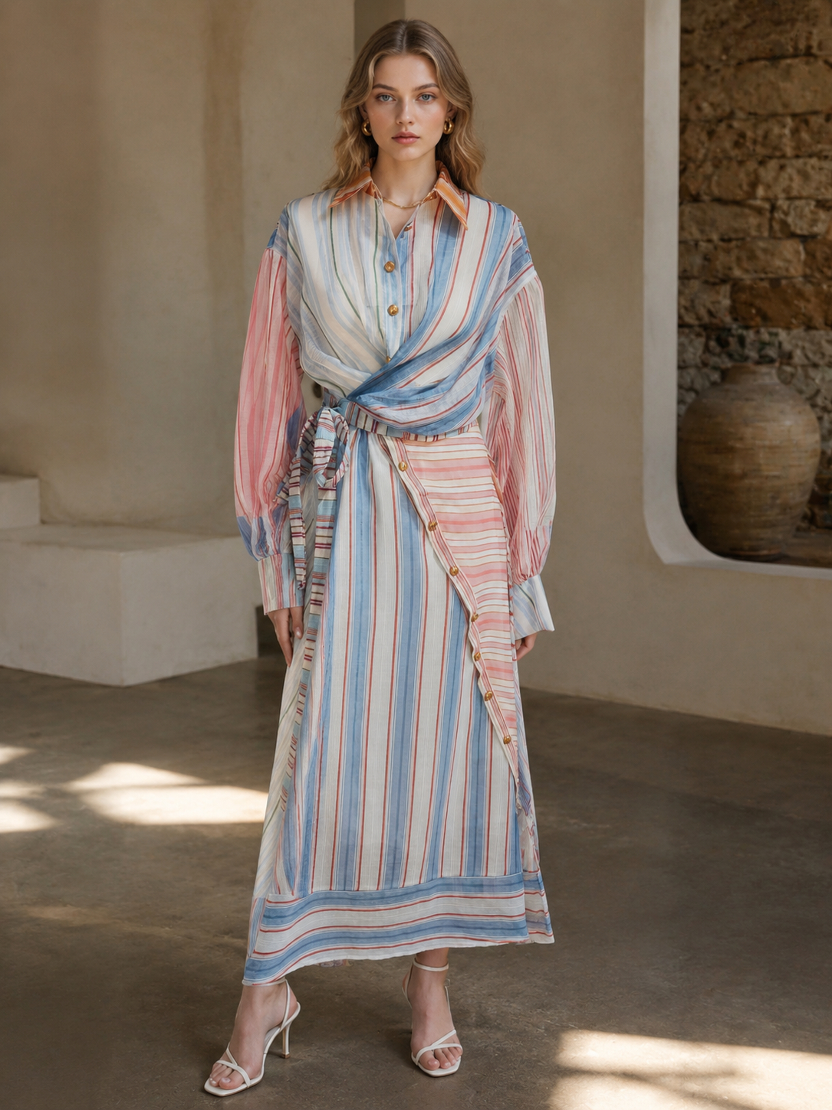 Women’s Striped Chiffon Belted Wrap Shirt Maxi Dress LA-030413