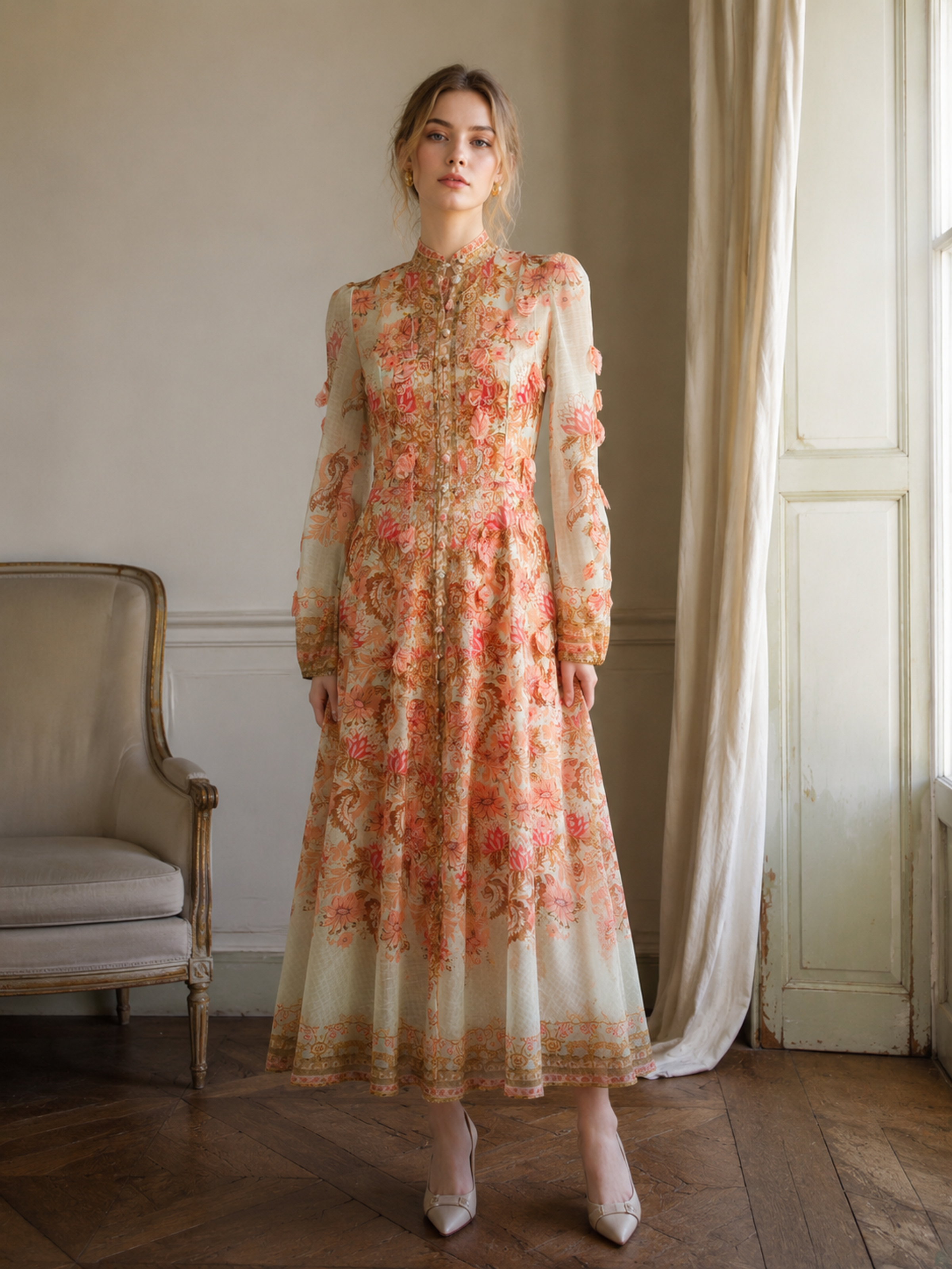 Women's Boho Floral Print Maxi Dress, High‑Neck Button‑Front Puff Long‑Sleeve Flowy Vintage Long Gown LA-030417