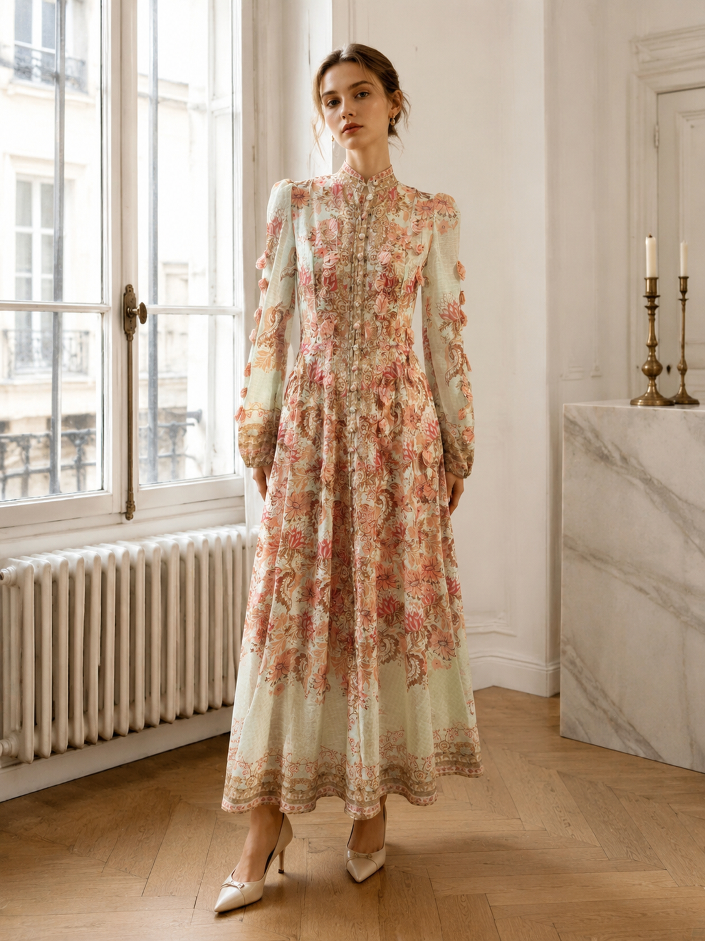 Women's Boho Floral Print Maxi Dress, High‑Neck Button‑Front Puff Long‑Sleeve Flowy Vintage Long Gown LA-030417