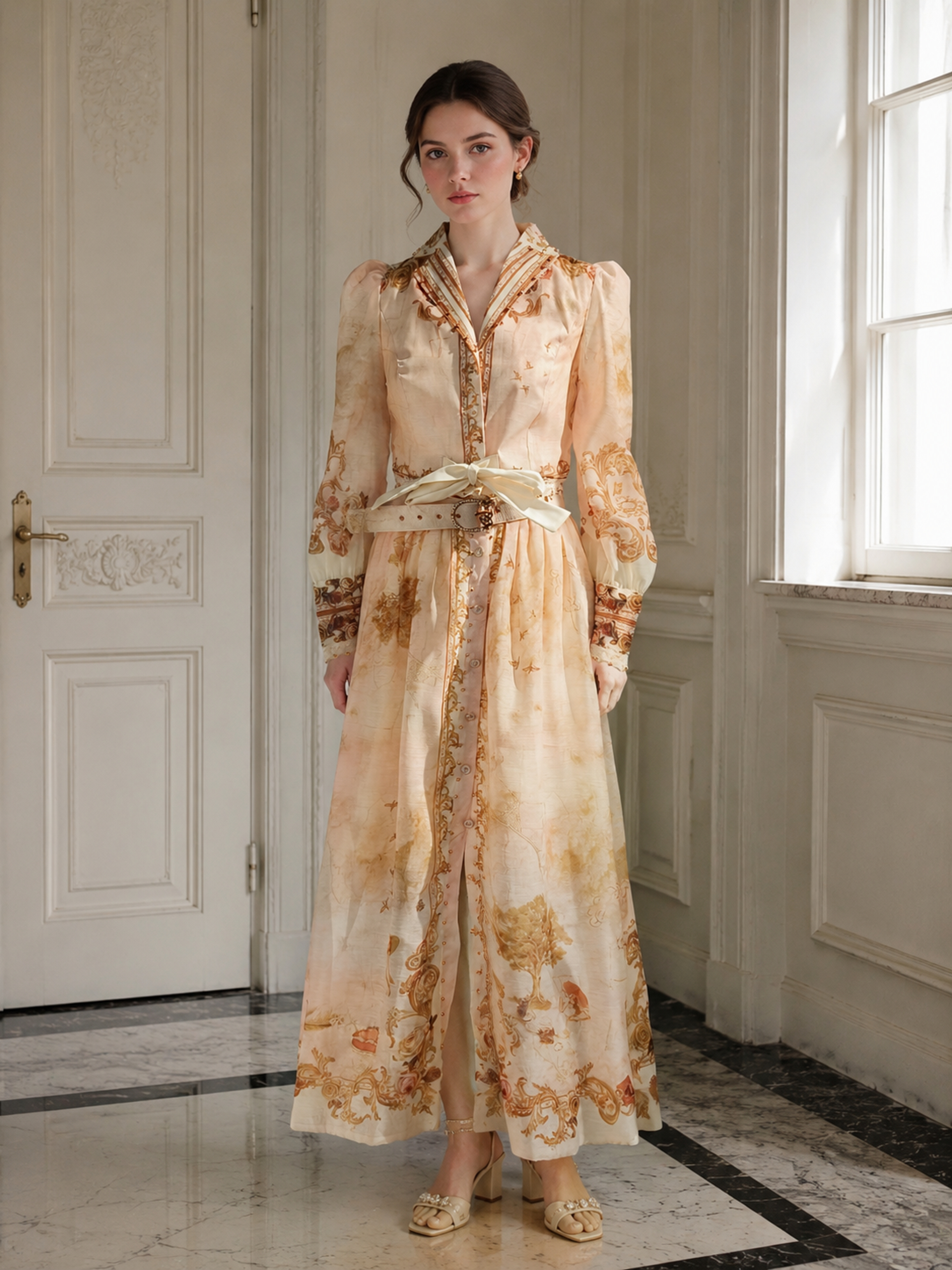 Women's Vintage Oil‑Painting Print Maxi Dress, Sailor‑V‑Collar Puff‑Long‑Sleeve Double‑Belted Romantic Flowy Long Gown LA-030421 