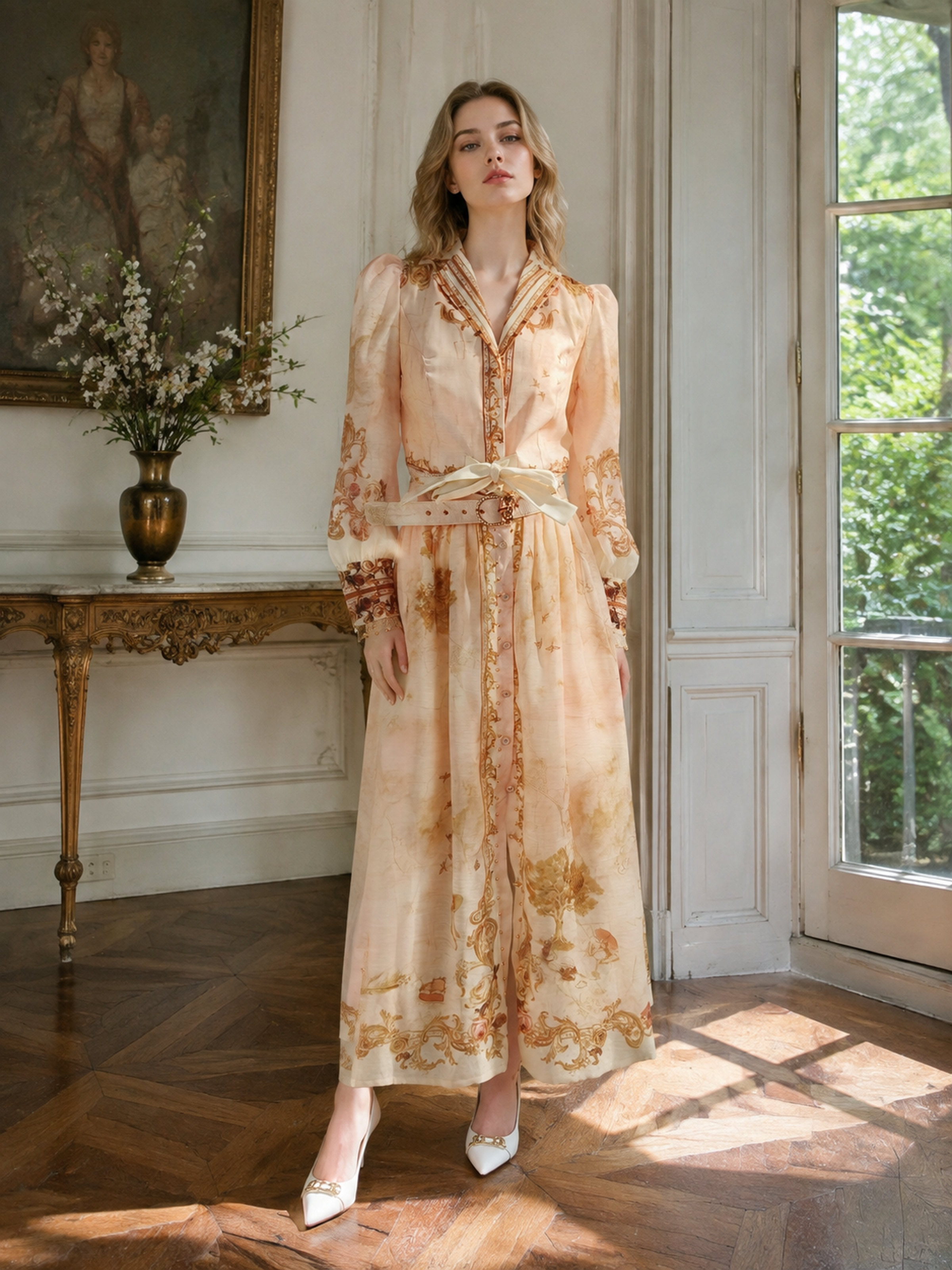 Women's Vintage Oil‑Painting Print Maxi Dress, Sailor‑V‑Collar Puff‑Long‑Sleeve Double‑Belted Romantic Flowy Long Gown LA-030421 