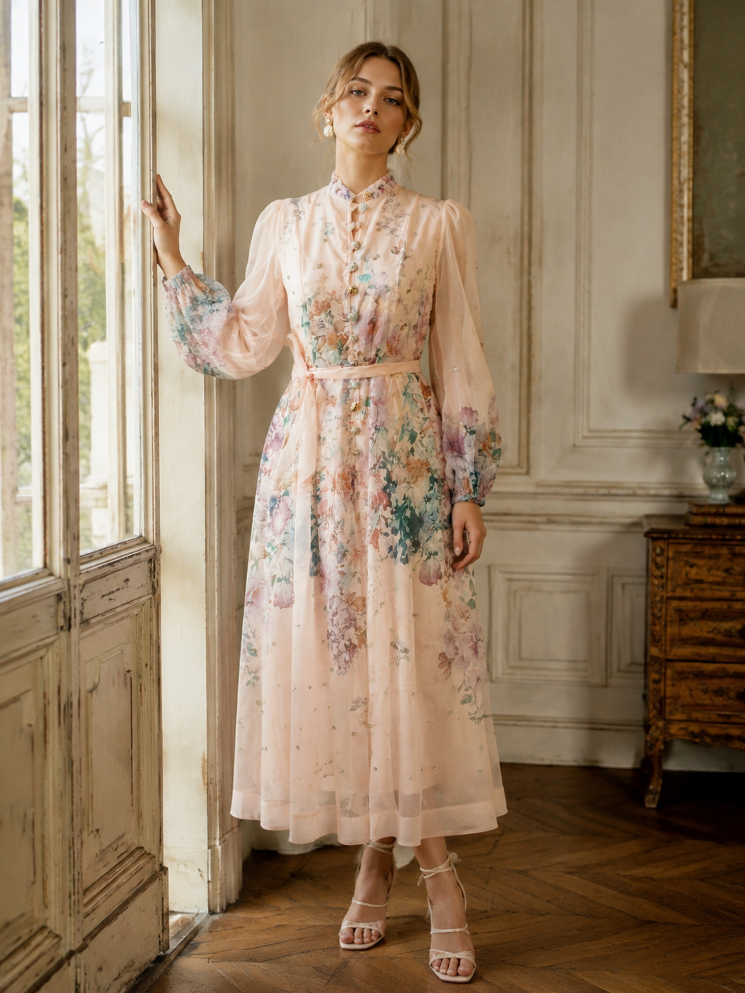 Women's Sparkly Rhinestone Floral Print Maxi Dress, Stand‑Collar Puff‑Long‑Sleeve Sash‑Tie‑Waist Romantic Flowy Gown LA-030411