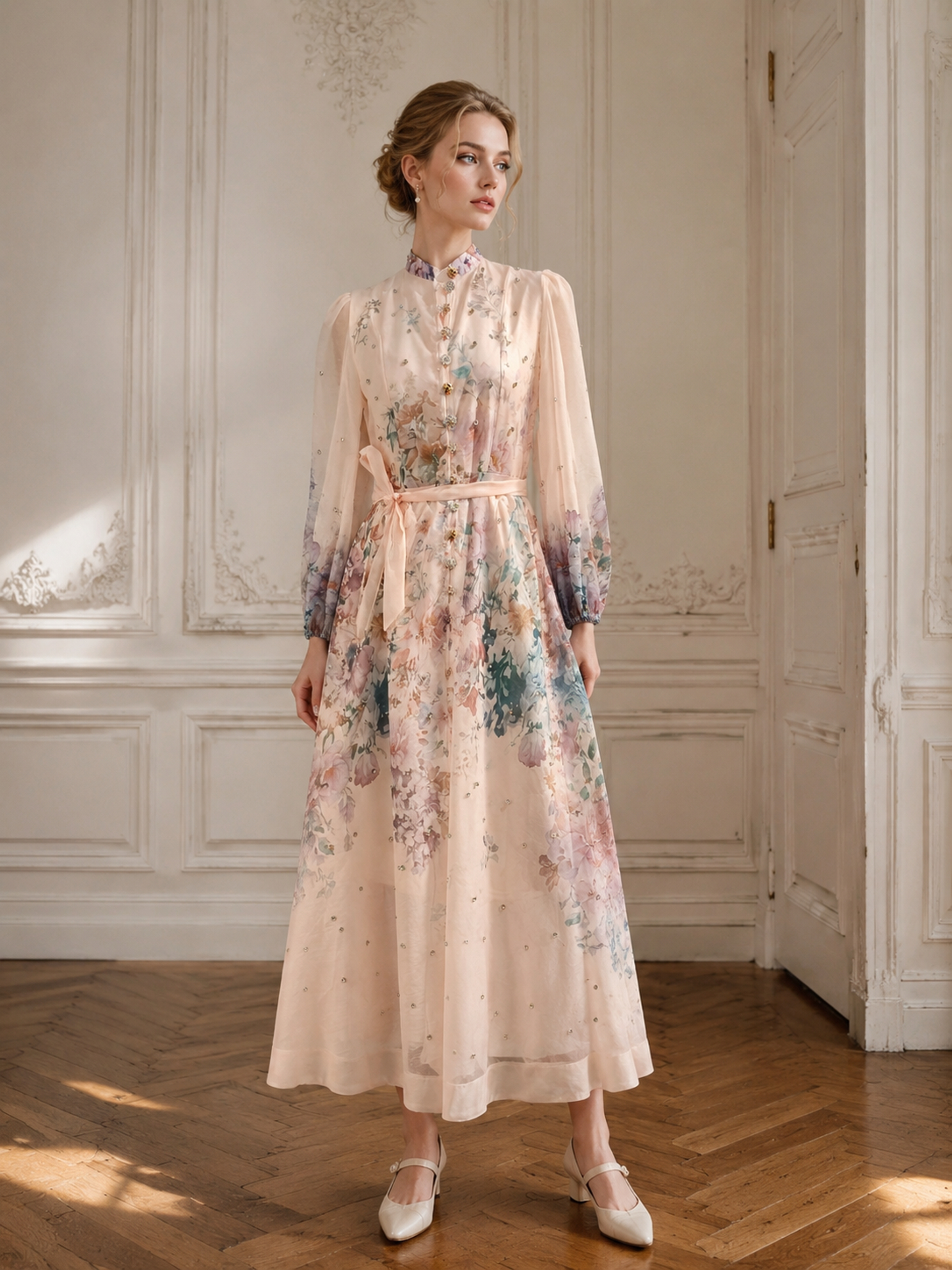 Women's Sparkly Rhinestone Floral Print Maxi Dress, Stand‑Collar Puff‑Long‑Sleeve Sash‑Tie‑Waist Romantic Flowy Gown LA-030411