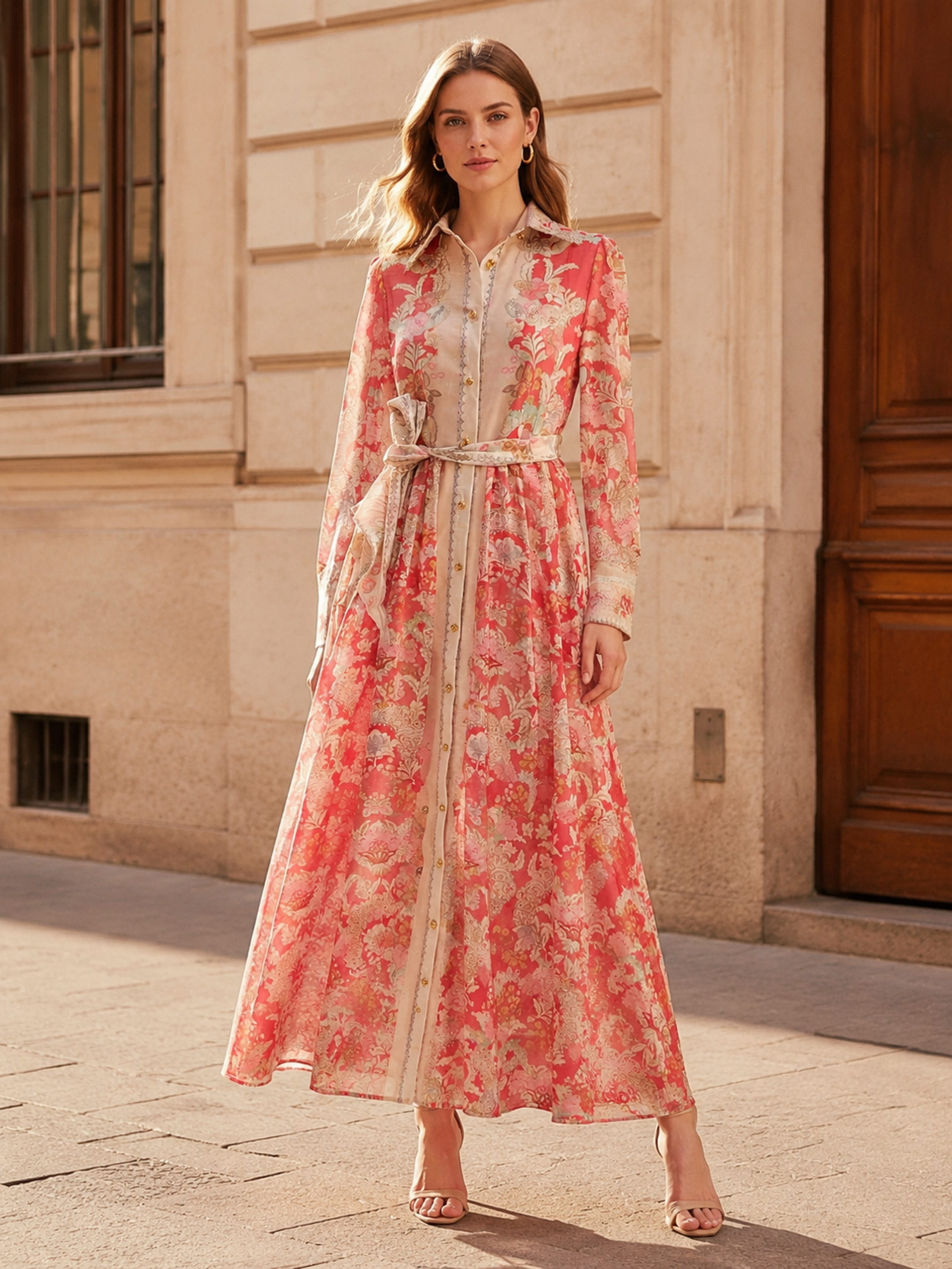 Women's Red Floral Print Shirt Maxi Dress, Collared Button‑Front Long‑Sleeve Self‑Tie‑Belt Bohemian Flowy Long Gown LA-030422