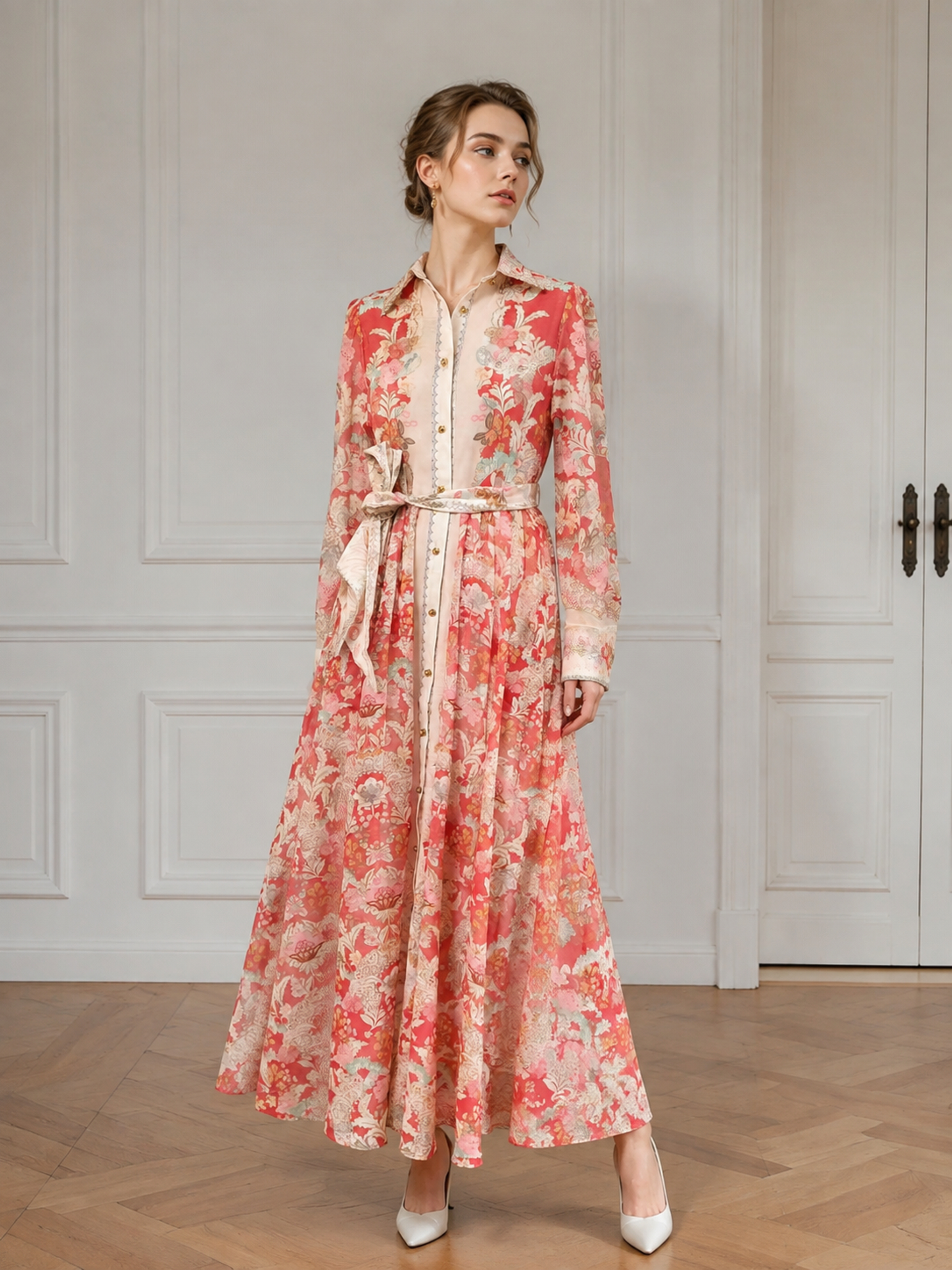 Women's Red Floral Print Shirt Maxi Dress, Collared Button‑Front Long‑Sleeve Self‑Tie‑Belt Bohemian Flowy Long Gown LA-030422