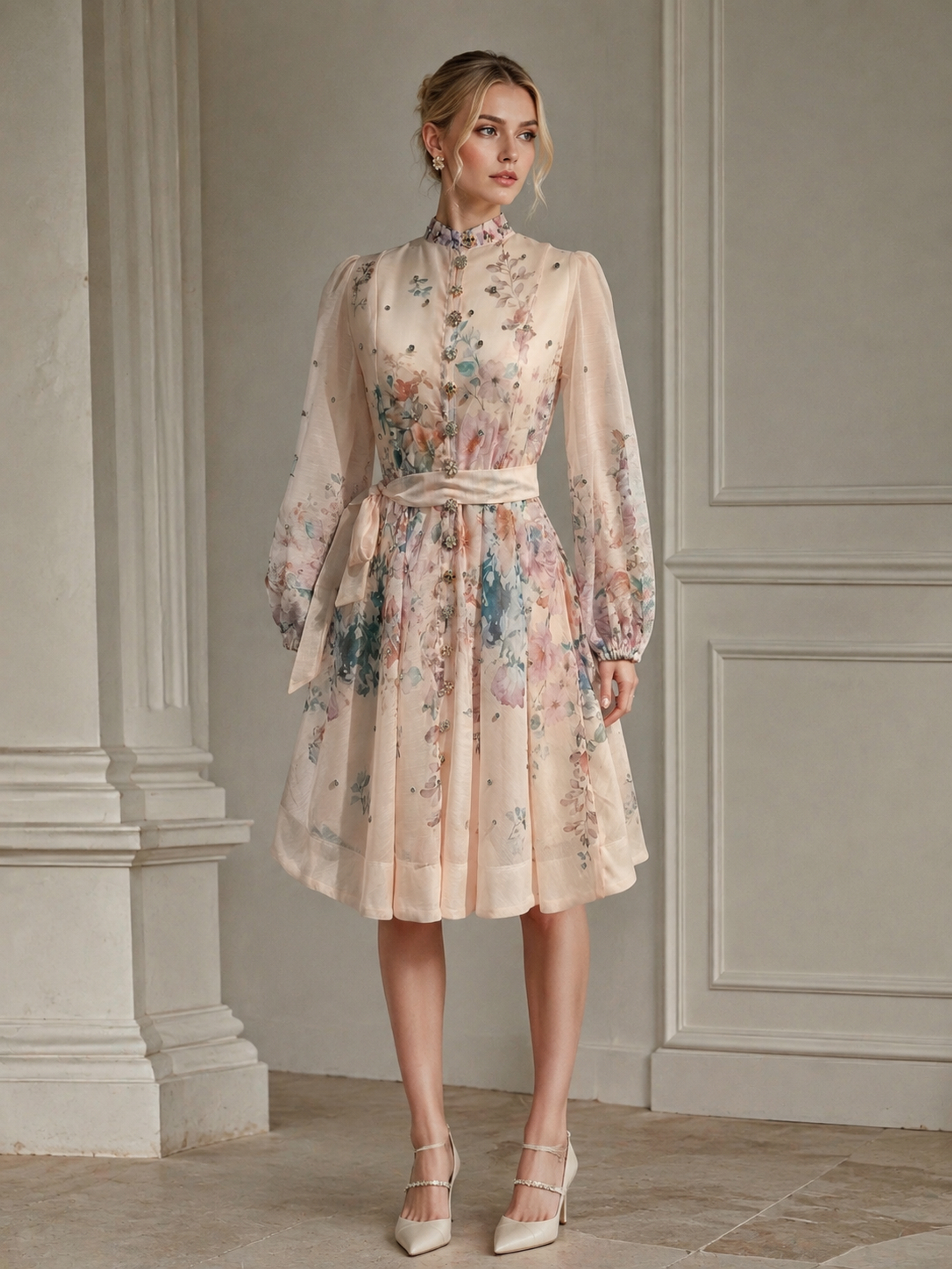 Women's Sparkly Rhinestone Watercolor Floral Mini Dress, Stand‑Collar Puff‑Long‑Sleeve Sash‑Tie‑Waist Romantic Flowy Short Gown LA-030412
