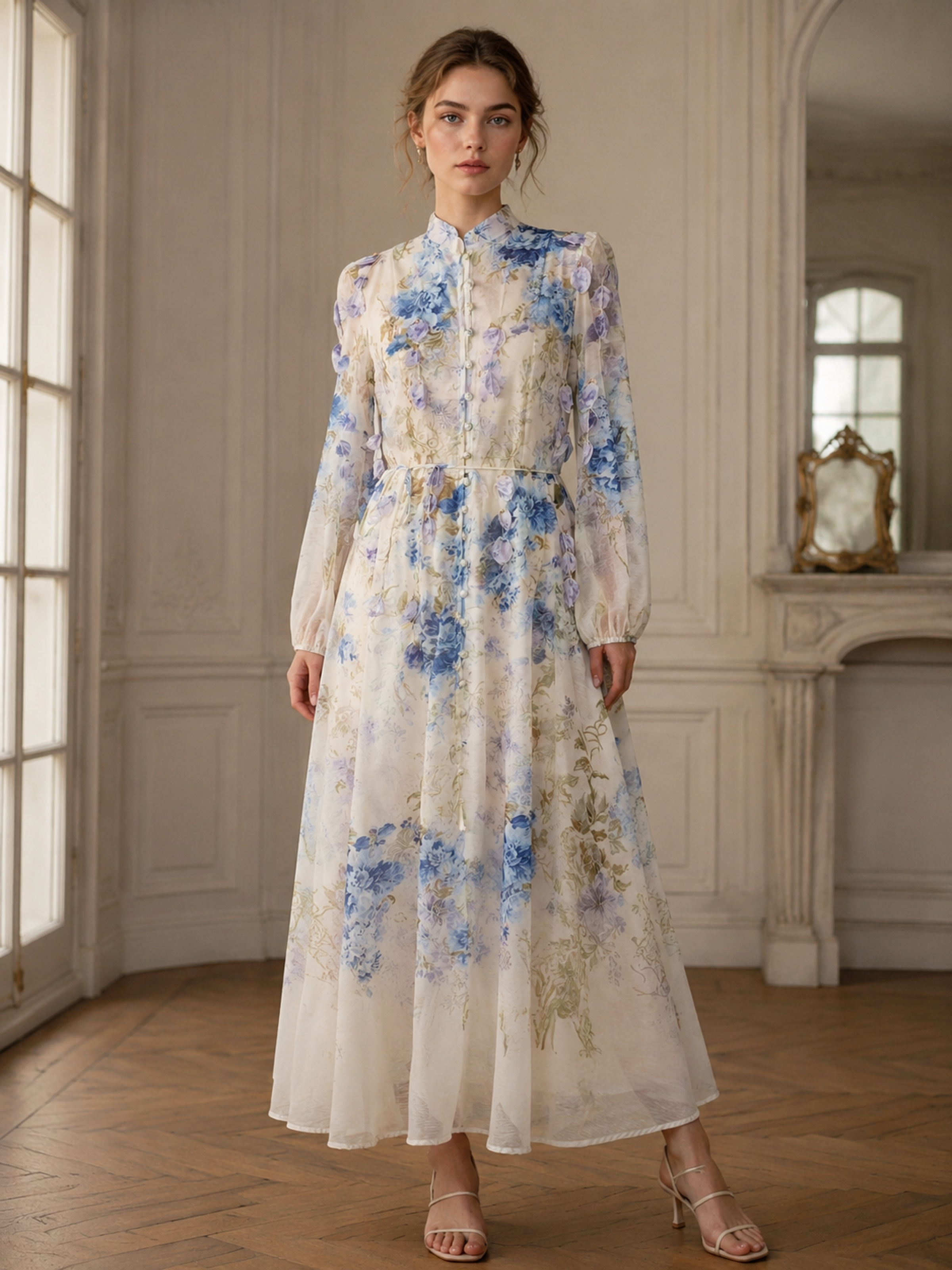 Chic Fairy‑Style 3D Flower Maxi Gown, Women Stand‑Collar Puff‑Long‑Sleeve Self‑Tie‑Waist Flowy Beach Vacation Dress LA-030418