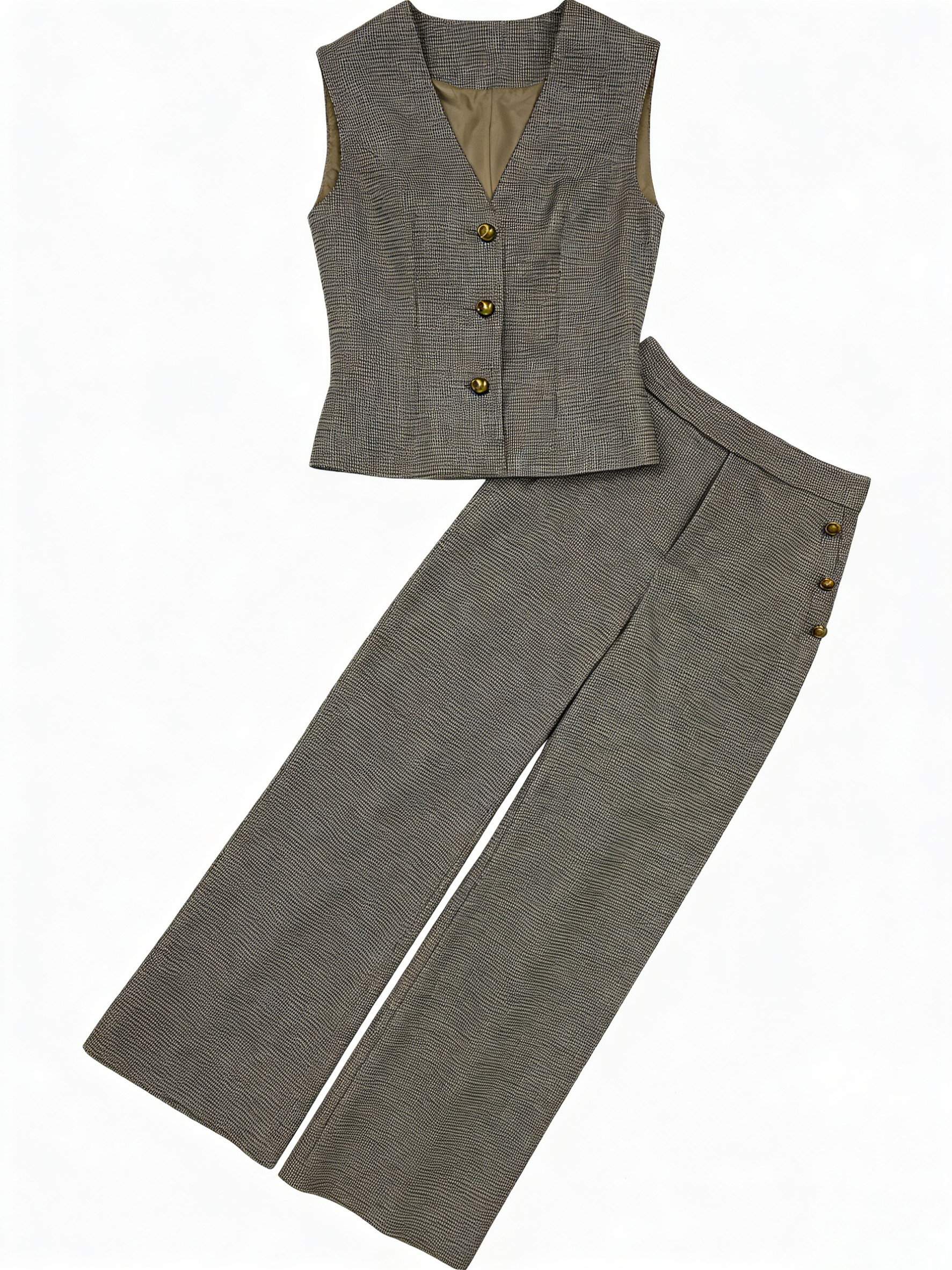 Houndstooth Sleeveless Vest Wide Leg Pants Set - Vintage Office Two Piece Outfit C-41495+C-41496